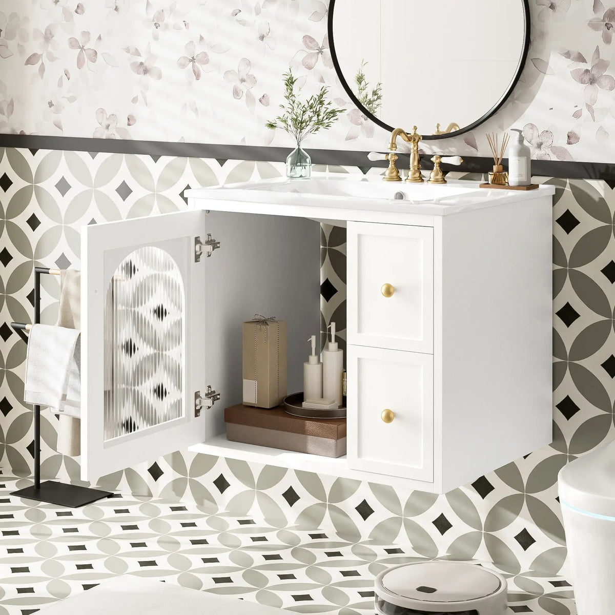 Wall-Mounted Bathroom Vanity Set | Sink Included | 2 Drawers | Soft-Close Glass Door Cabinet