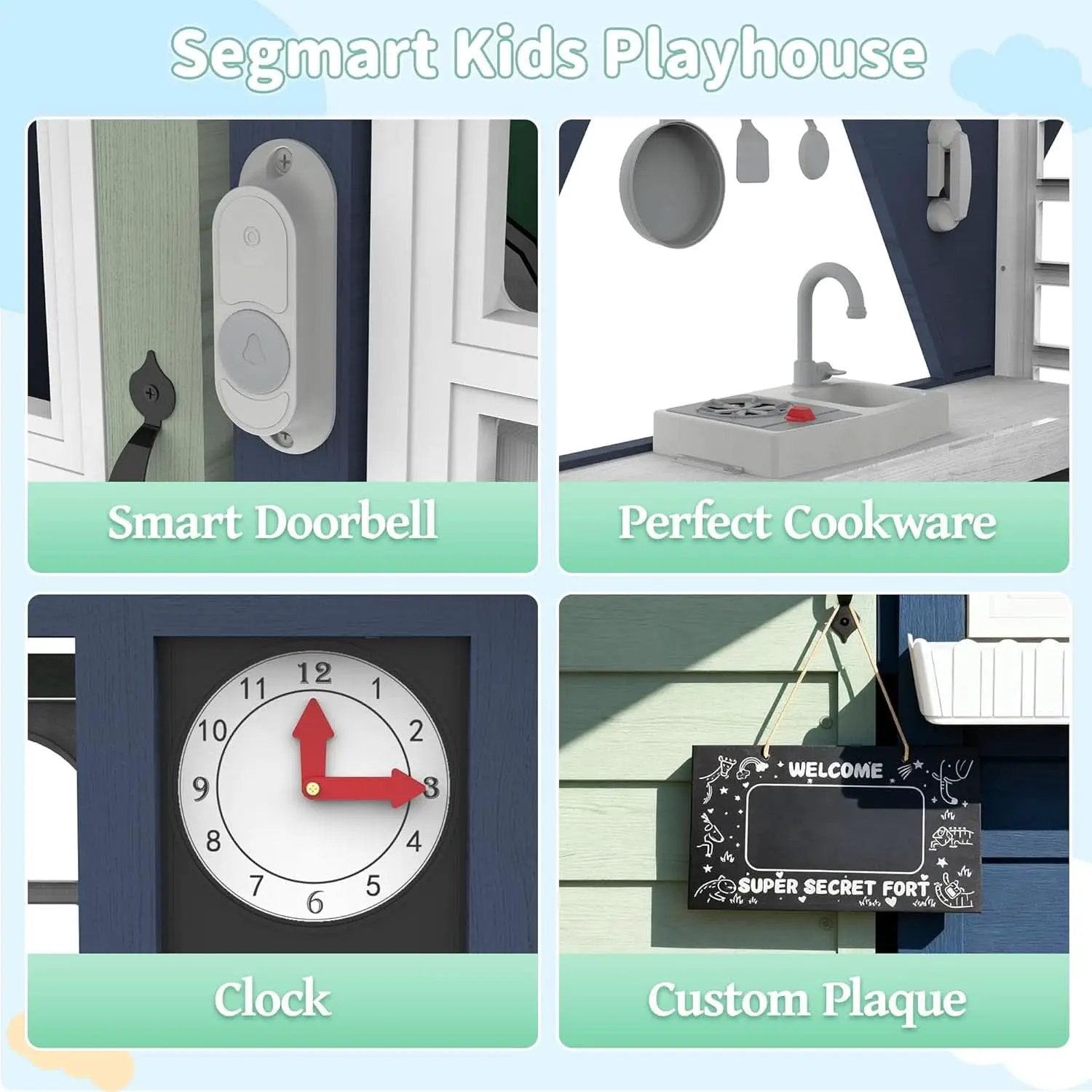 Blue Outdoor Kids Playhouse With Kitchen Doorbell Panel from PriceLows™