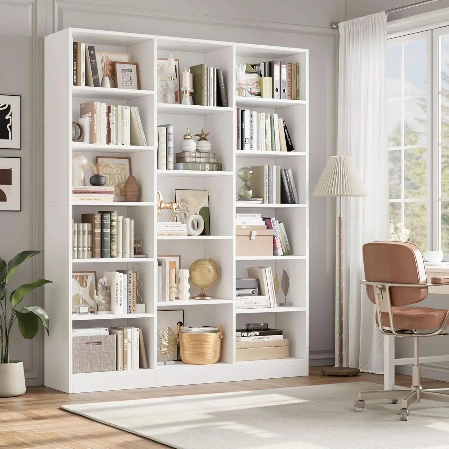 Triple Wide White Bookshelf 6 Tier 74 Inch Tall Unit from PriceLows™