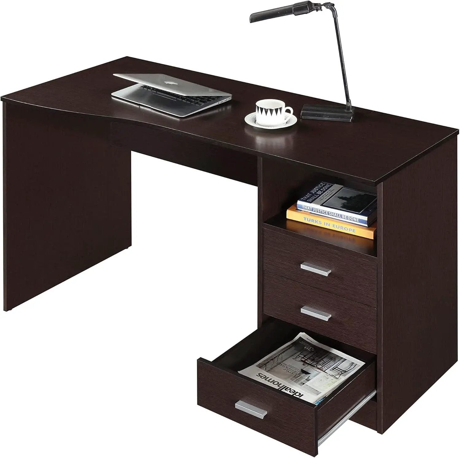 Wenge Computer Desk With 3 Drawers And Side Storage Shelf from PriceLows™