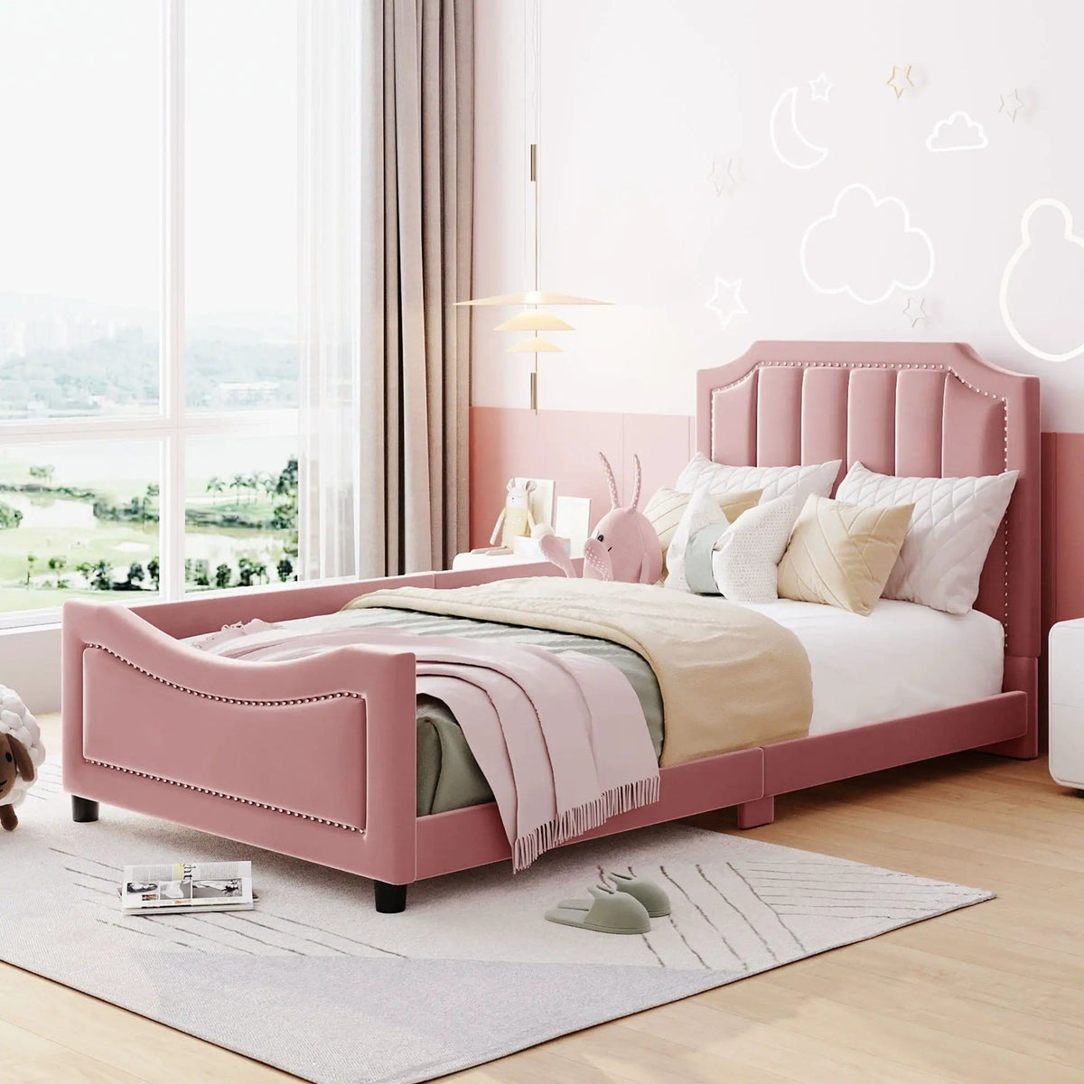 Upholstered Daybed With Classic Stripe Shaped Headboard | 2 Pieces | Pine Wood | Bedroom