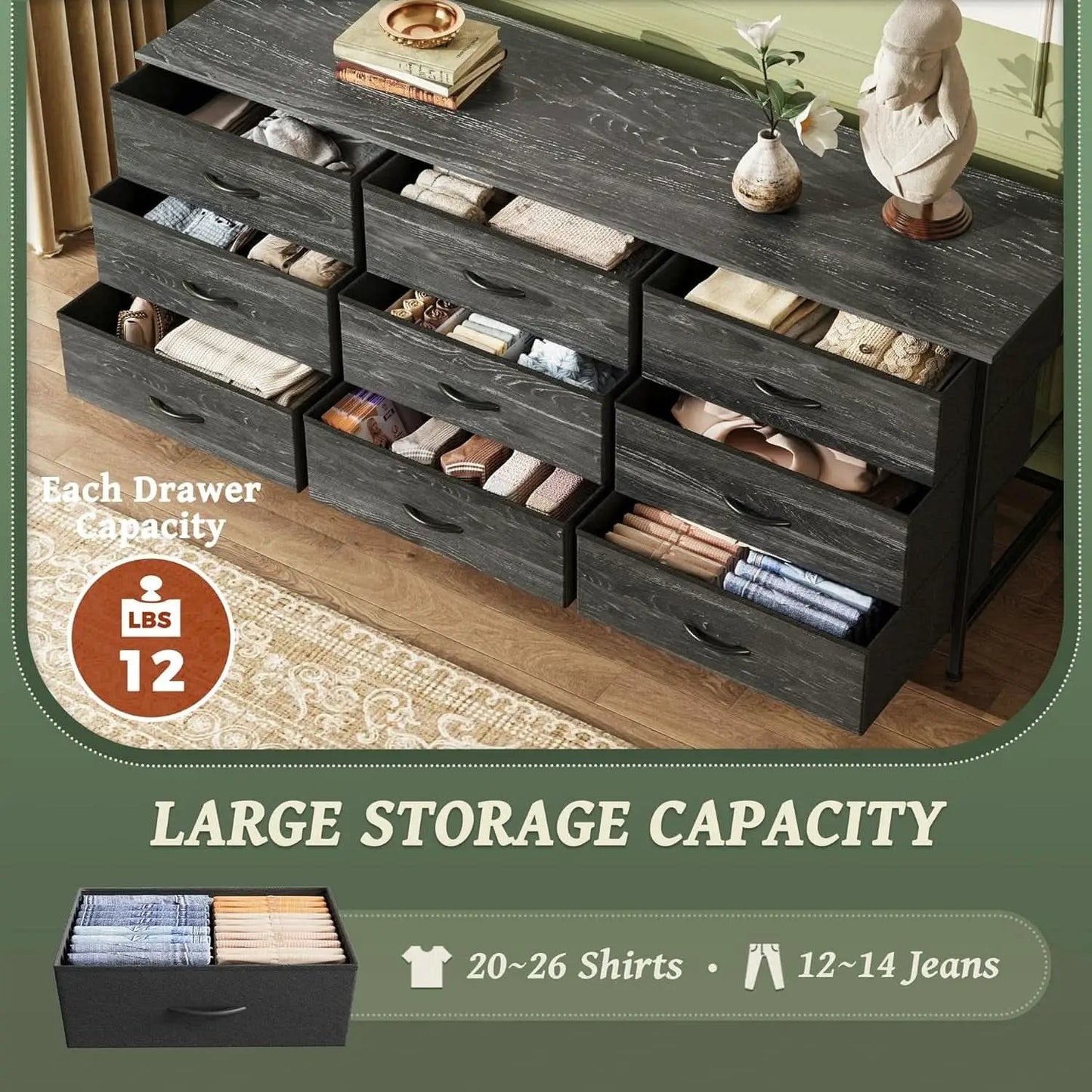 9 Drawer Dresser TV Stand 55 Inch Charcoal Black Wood Grain from PriceLows™