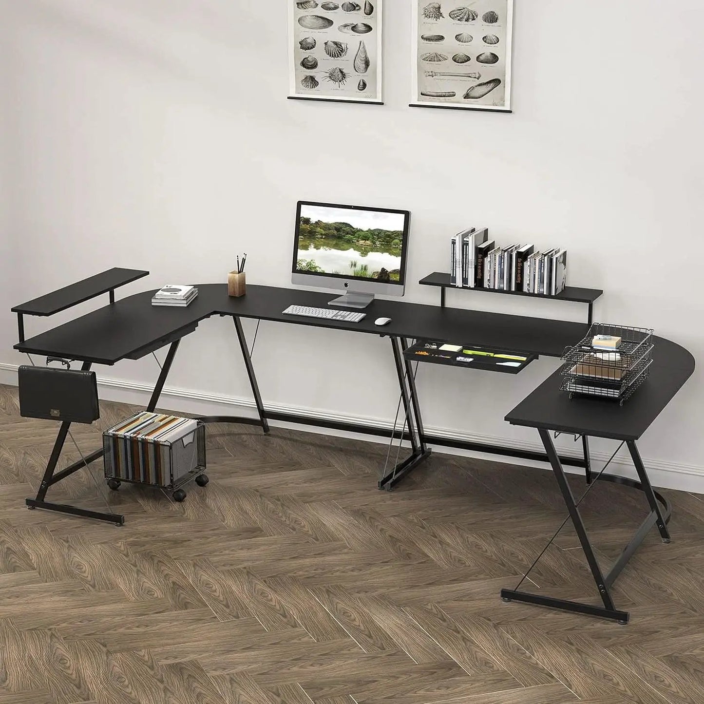 Vista L Shaped Desk With Removable Monitor Shelf In Black from PriceLows™