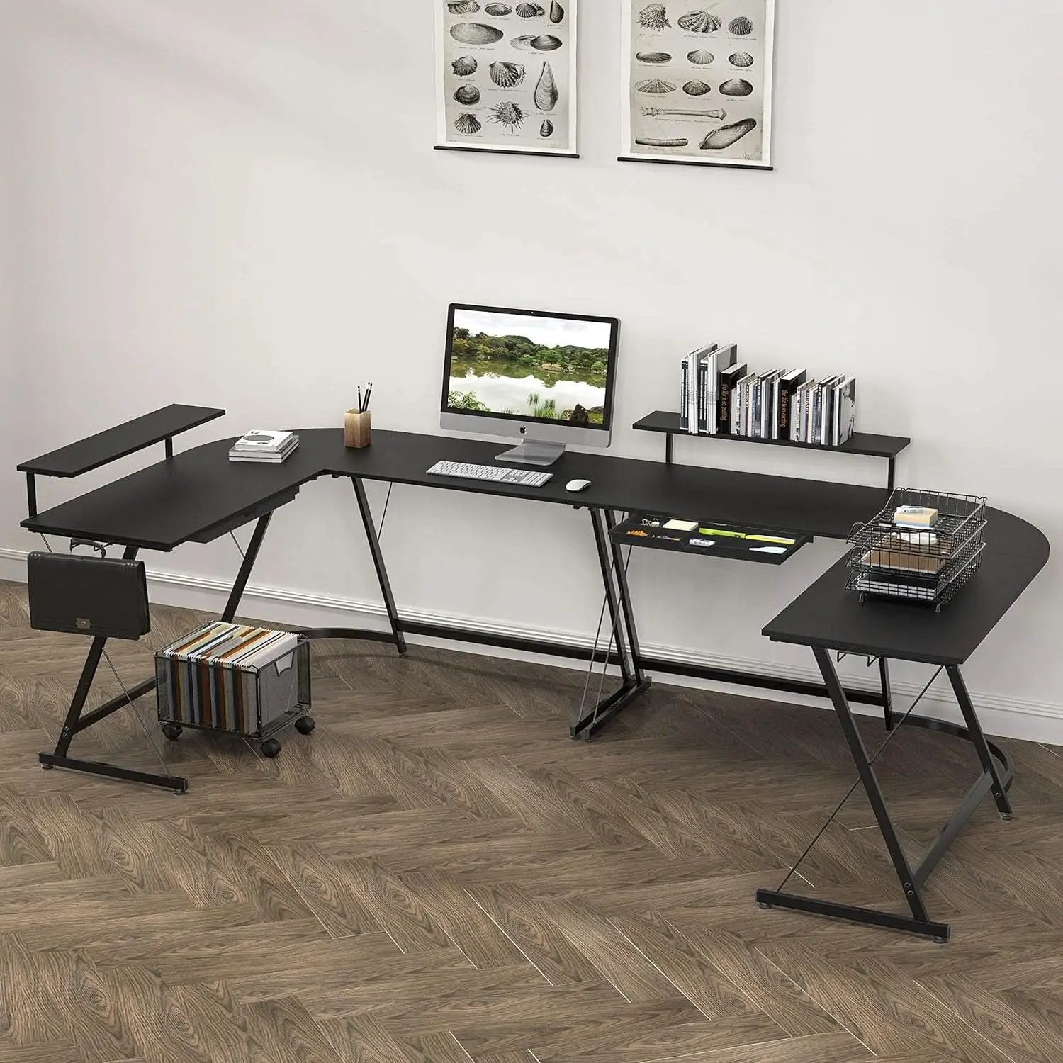 Vista L Shaped Desk With Removable Monitor Shelf In Black from PriceLows™