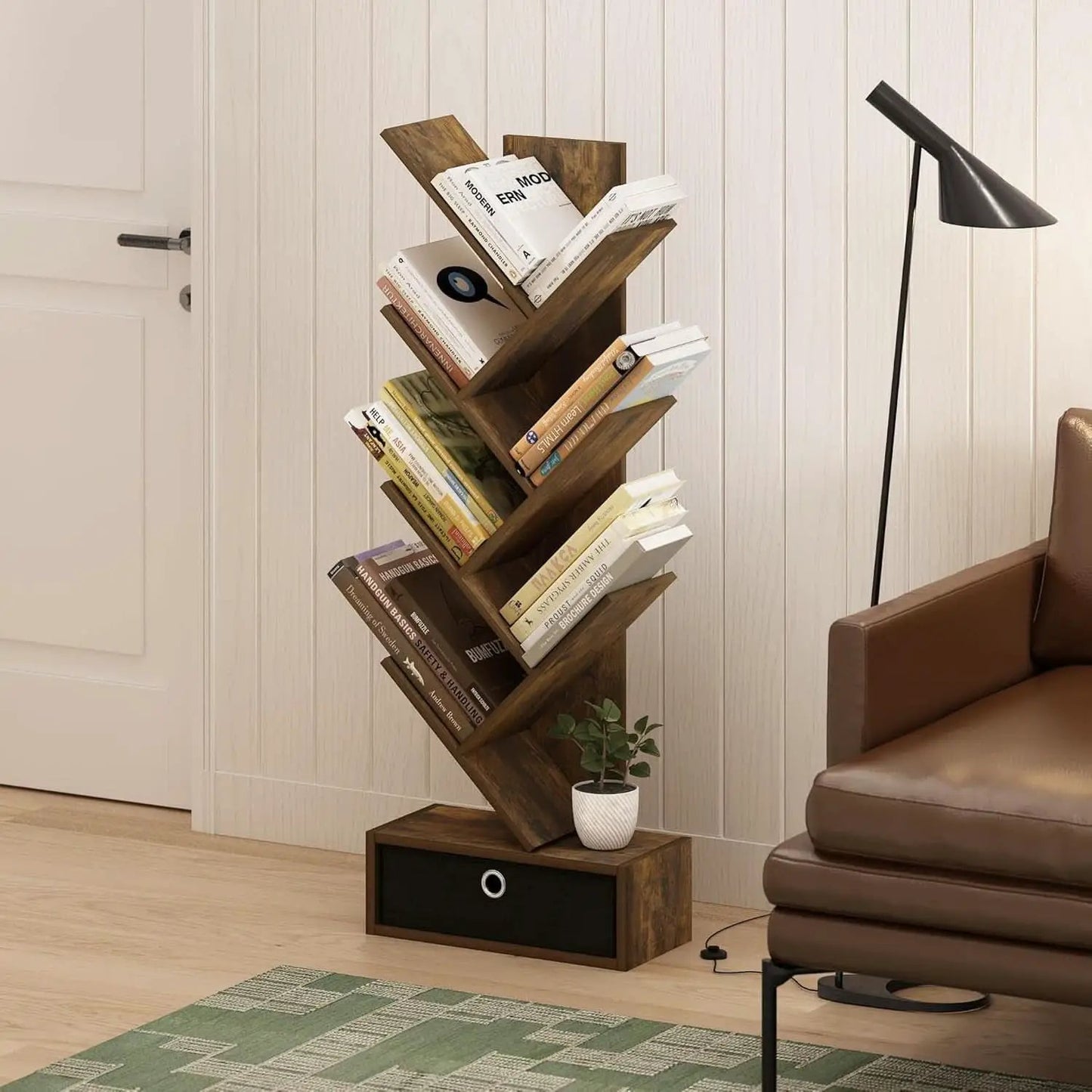 Tree Bookshelf 7 Tier Floor Standing Bookcase Amber Pine Black from PriceLows™
