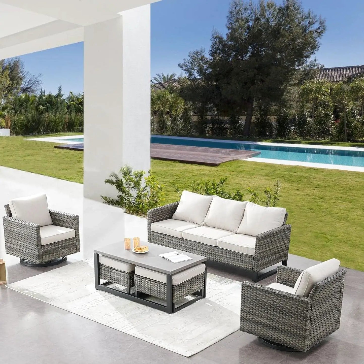 Oversize Outdoor Wicker Patio Sofa Set With Swivel Chairs from PriceLows™