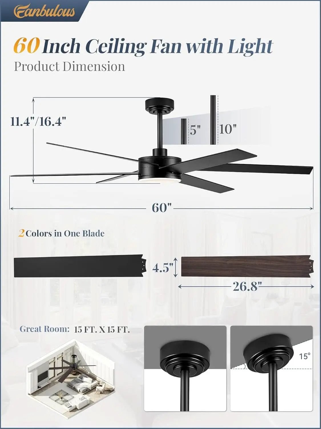 60 Inch Black Ceiling Fan With Lights Remote DC Motor from PriceLows™