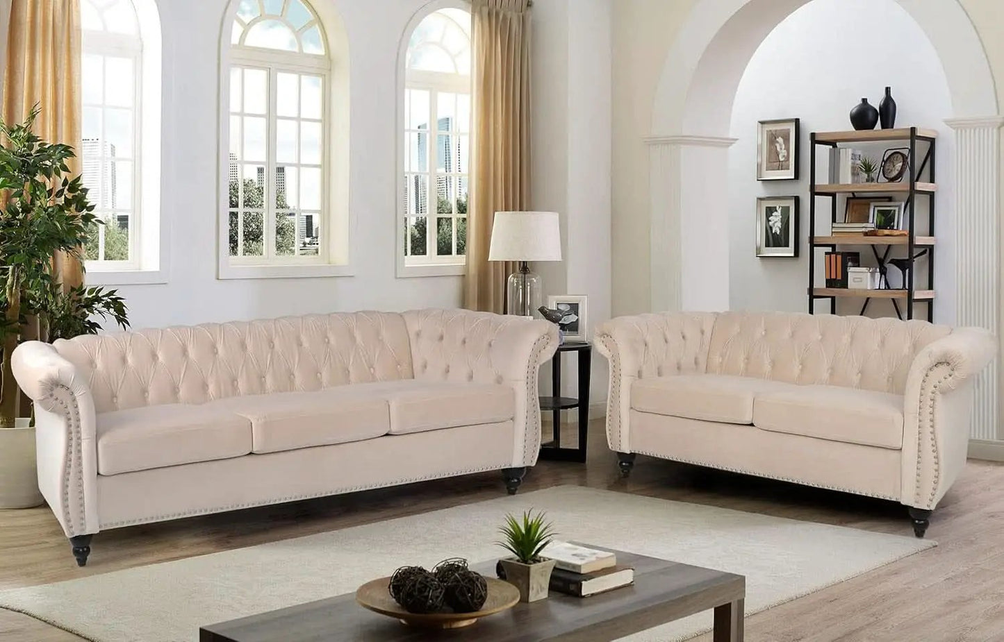 Three Piece Velvet Chesterfield Living Room Sofa Set Beige With Club Chair And Loveseat from PriceLows™