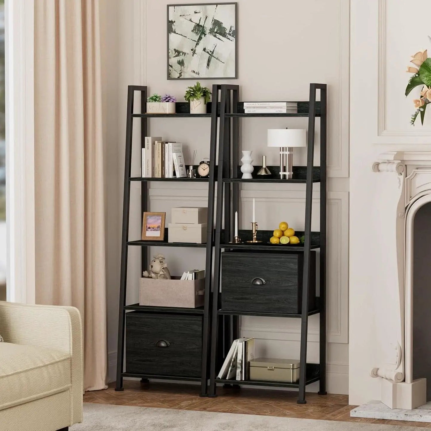 5 Tier Ladder Shelf With Drawer Narrow Black Oak Finish from PriceLows™