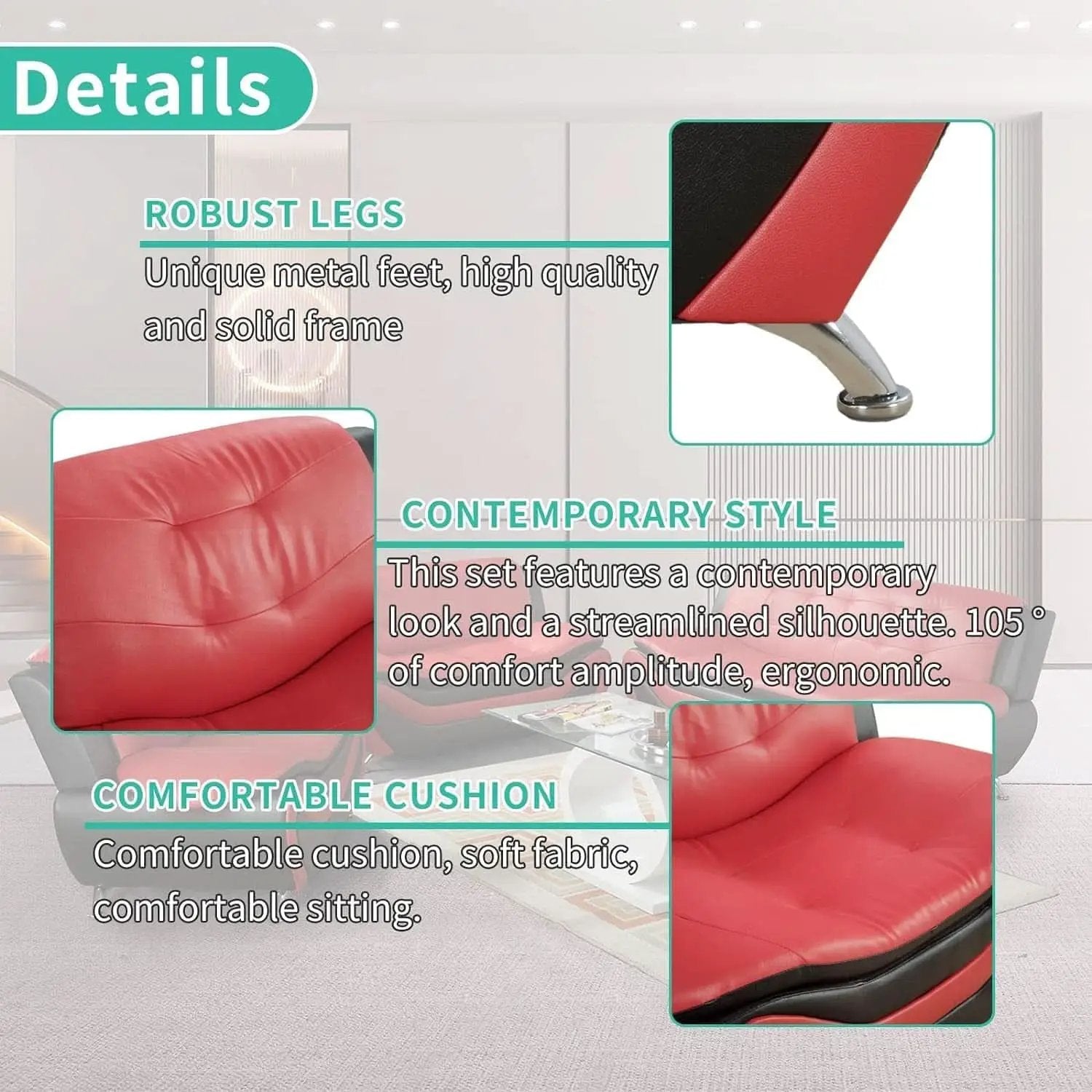 Faux Leather Living Room Sofa Set Red Black Loveseat from PriceLows™