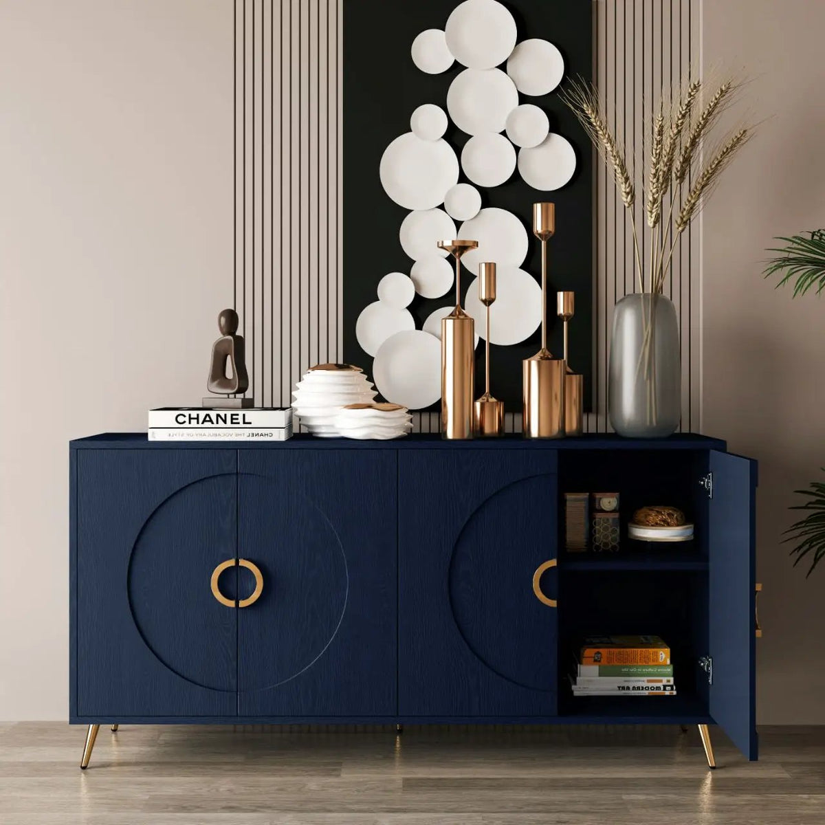 Lacquered 4 Door Sideboard Buffet | Matte Navy Finish | Solid Wood Veneer | Metal Legs