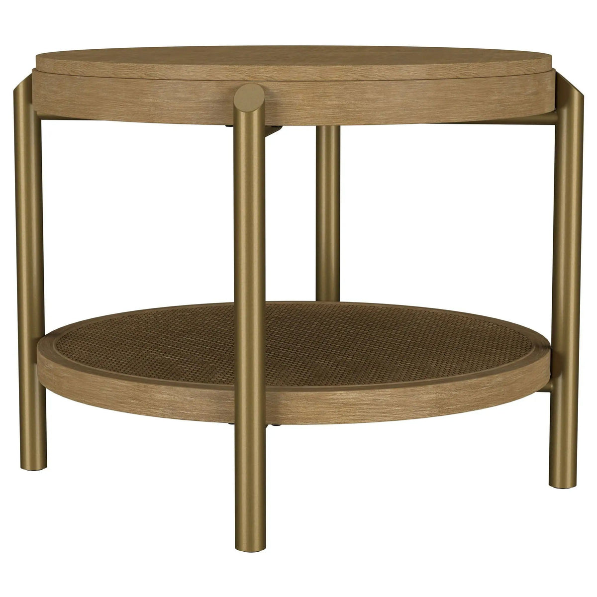 Arini Round End Side Table With Storage Shelf Sand Wash | 26.25 x 26.25 x 19.75 in | Rattan & Metal | Living Room