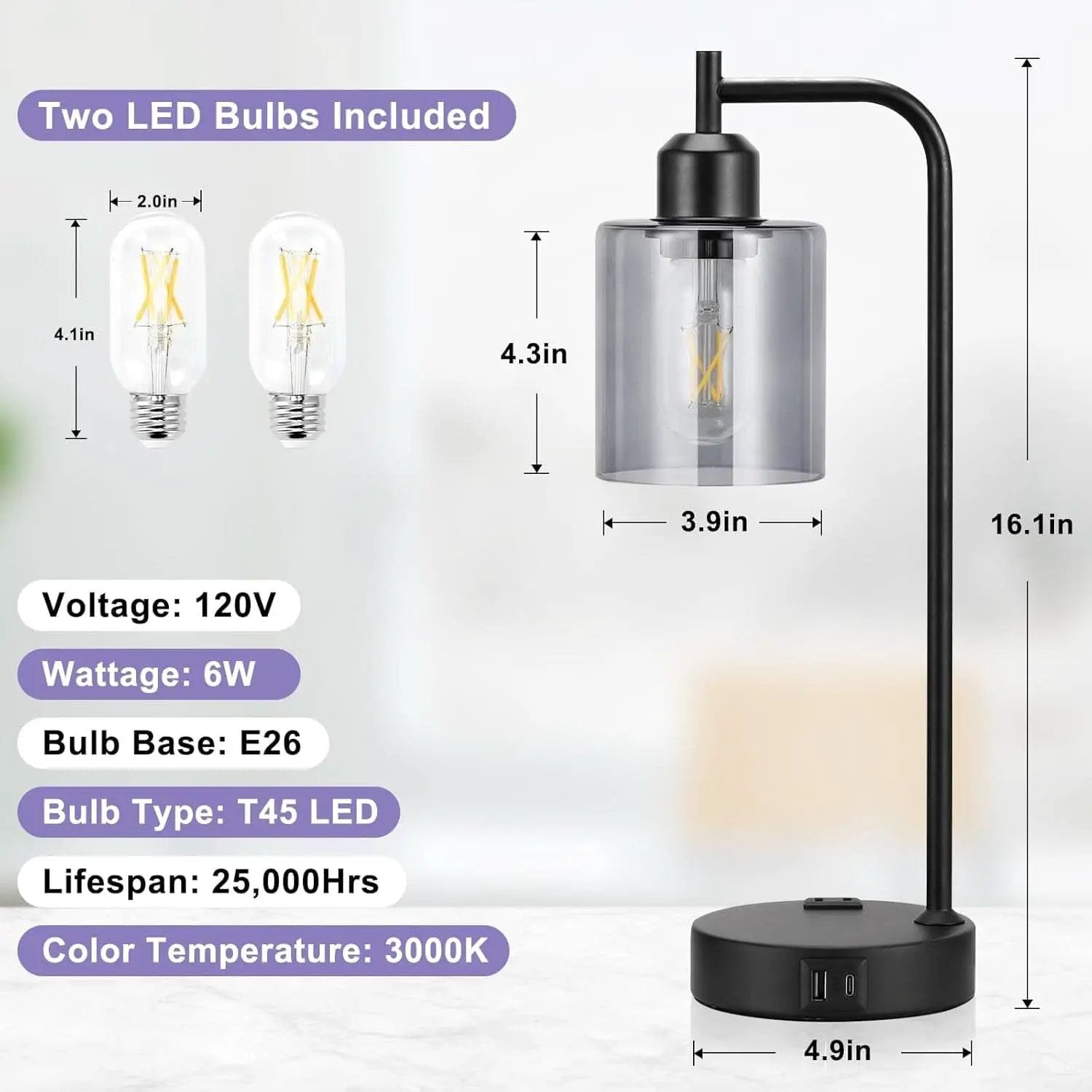 3-Way Dimmable USB Table Lamps With Gray Glass Shade Pair from PriceLows™