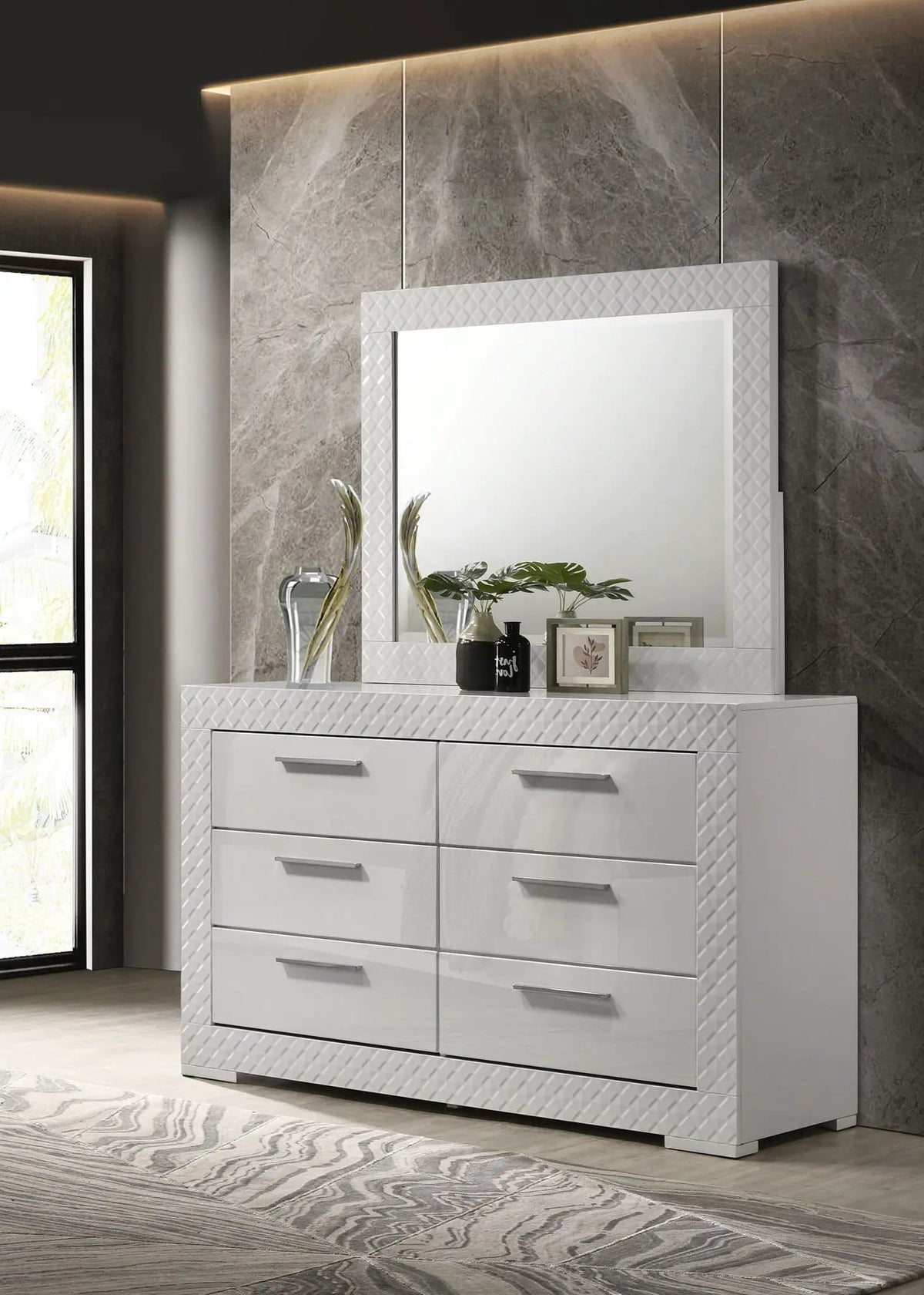 Ives 6-drawer Dresser and Mirror White High Gloss | 63 x 18 x 74 in | 6-Drawer | Bedroom
