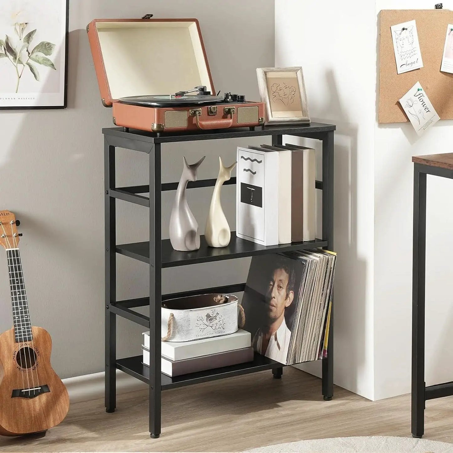 Three Tier Bookshelf Industrial Bookcase And Record Storage Rack With Side Fence Black Metal Frame Rustic Wood from PriceLows™