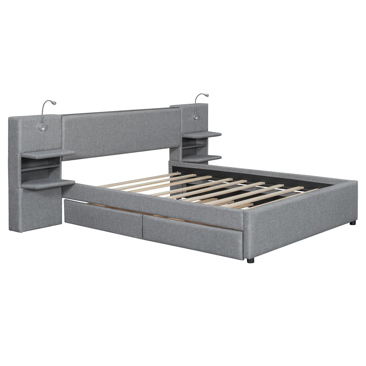 Upholstered Platform Bed | Reading Lights | Drawers And Trundle | Storage Shelves