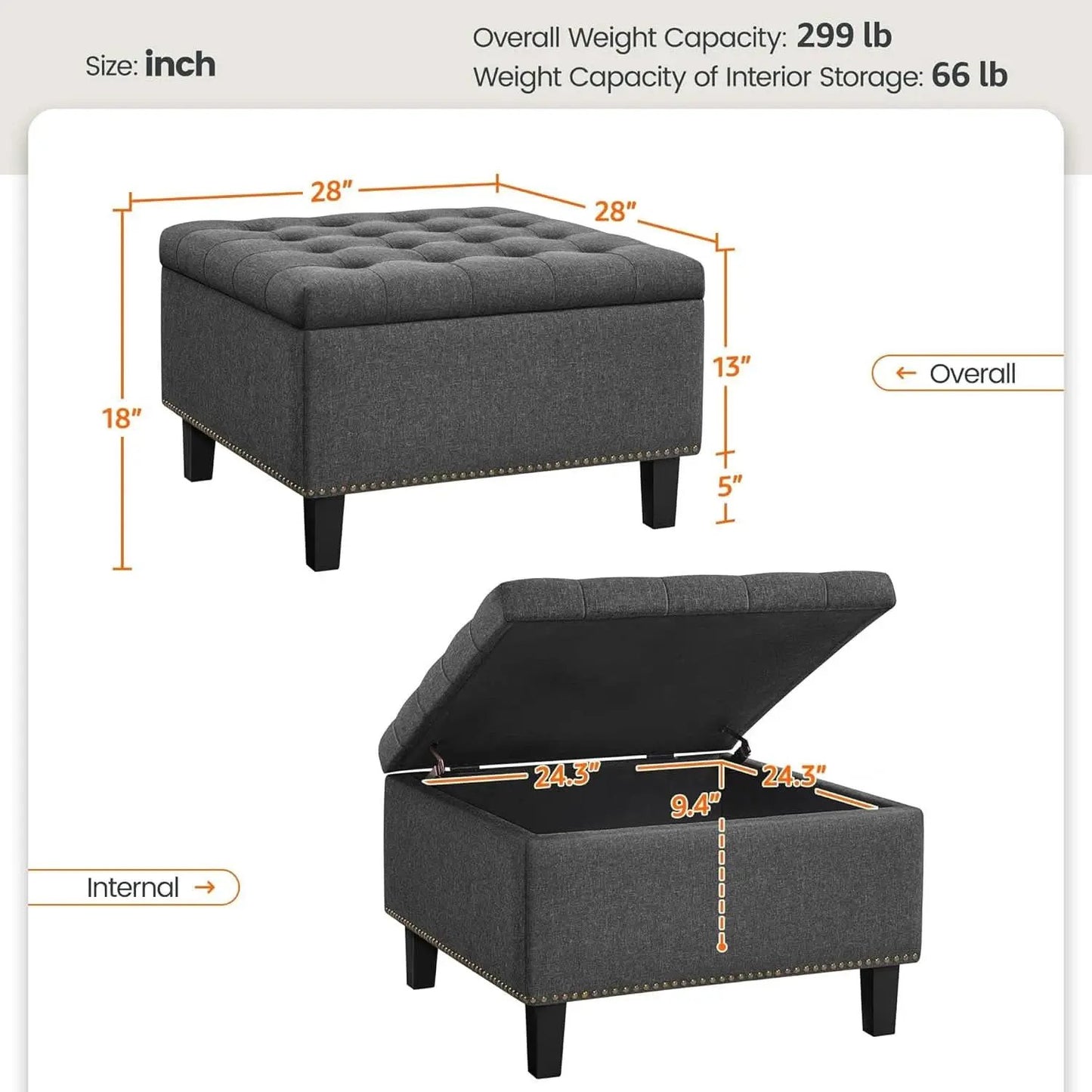 28 Inch Entryway Ottoman Bench Charcoal With Storage from PriceLows™