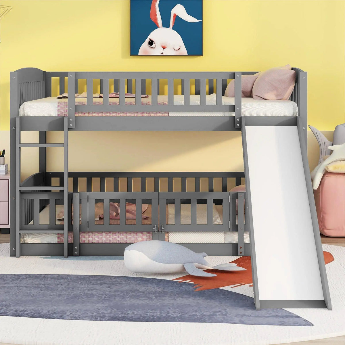 Low Bunk Bed With Slide | Fence And Ladder | Built-In Play Area | Kids Bedroom