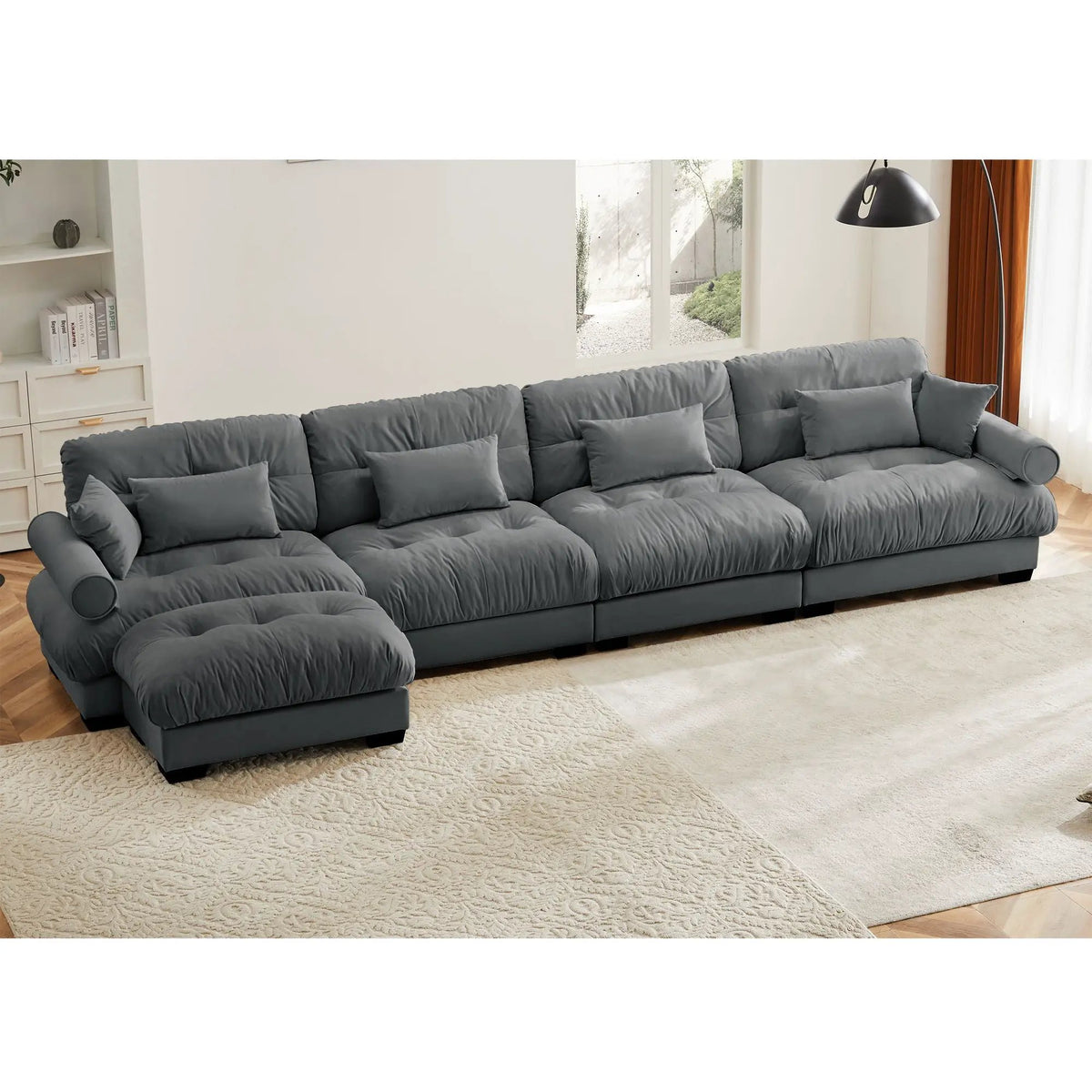 Modular Sectional Sofa | Deep Comfort Cushions | Vintage Fabric Ottoman