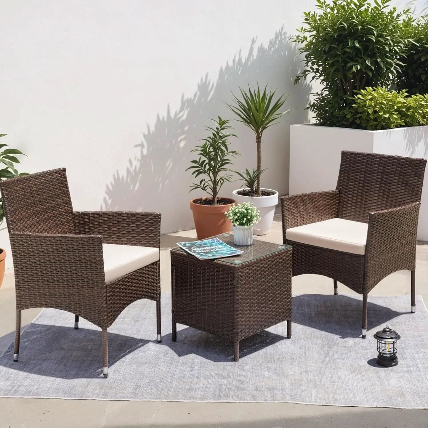 3 Piece Patio Dining PE Rattan Wicker Chair Set With Cushions And Glass Coffee Table Outdoor Brown Beige from PriceLows™
