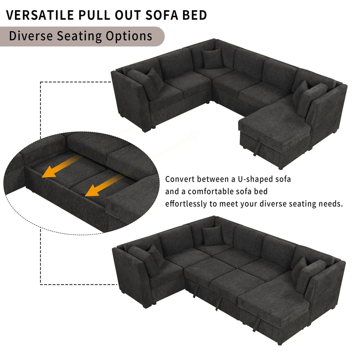 U-Shaped Sectional Sofa Pull Out Sofa Bed With Two USB Ports, Two Power Sockets | 3 Pieces | Fabric | Bedroom