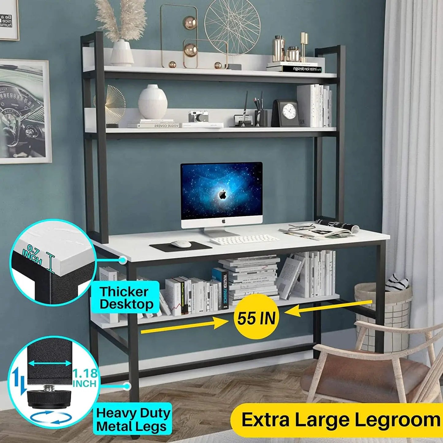 55 Inch Desk With Hutch And Bookshelf Open Shelves from PriceLows™