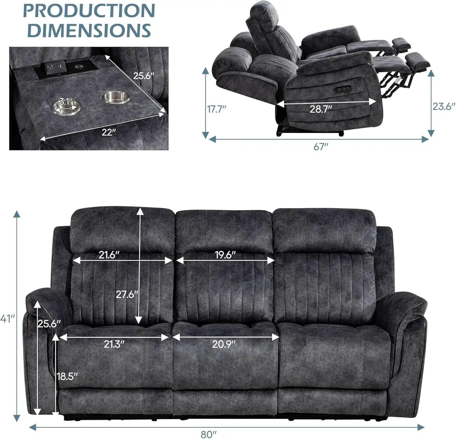Zero Gravity Power Reclining Sofa Grey With USB Ports from PriceLows™