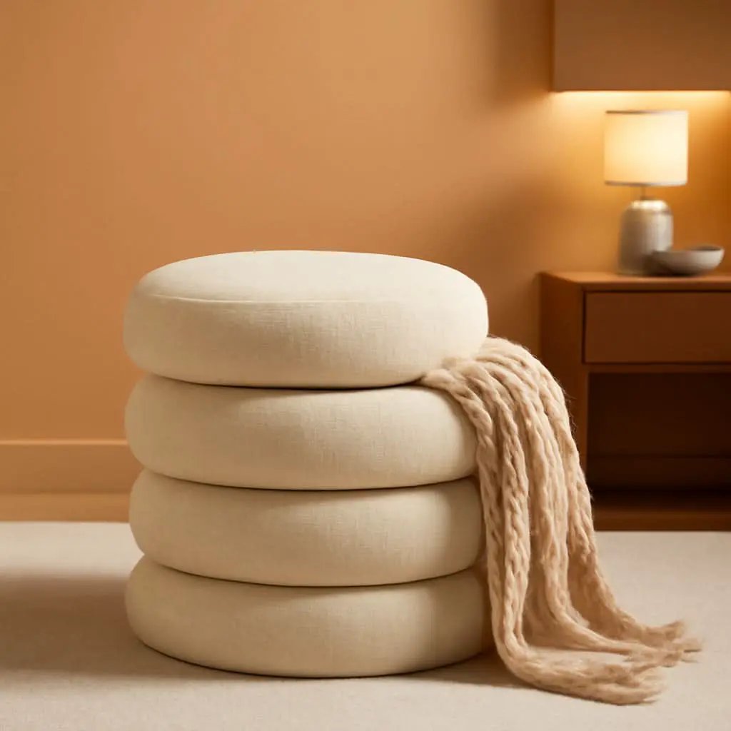 Beige Linen Upholstered Round Storage Ottoman Removable Lid from PriceLows™
