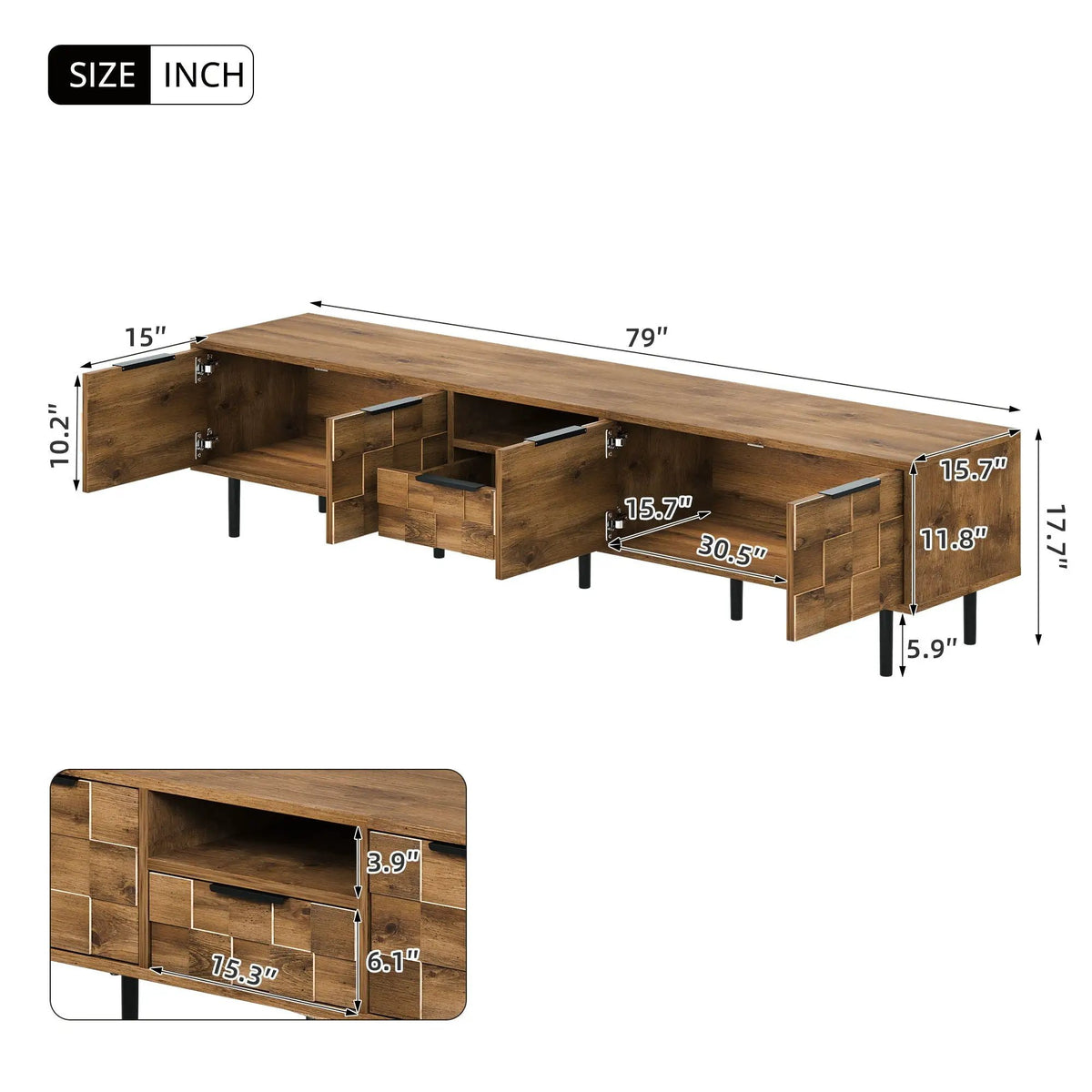 Natural TV Stand | L Shaped Handles | Checkered Design | Four Soft-Closing Cabinets