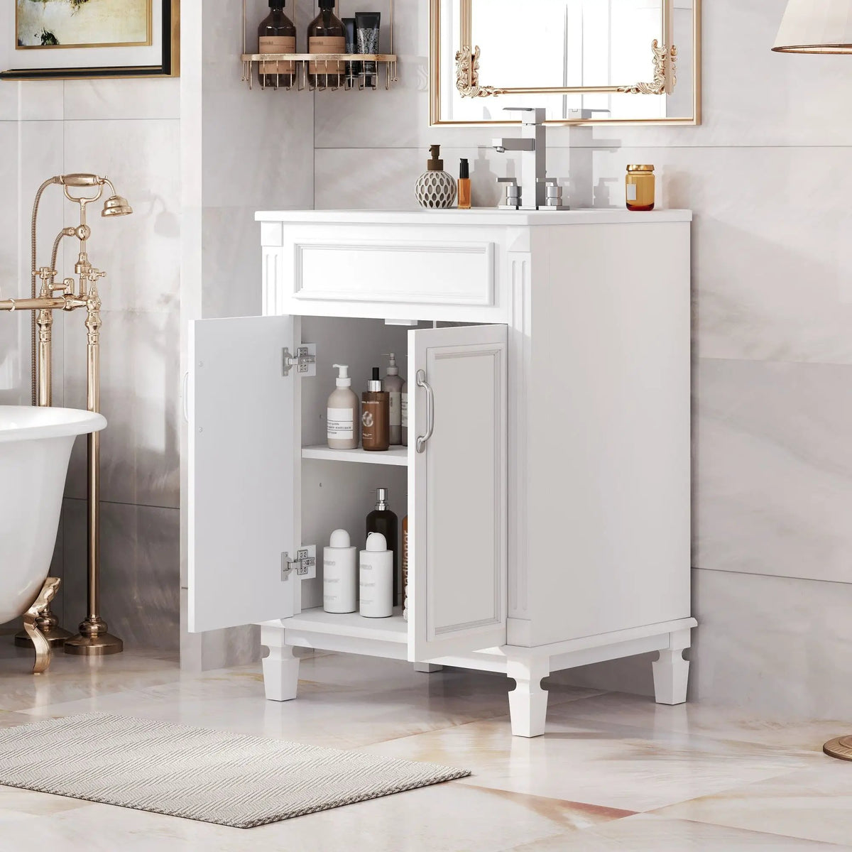 24 Inch Bathroom Vanity With Top Sink | Rubberwood Frame | 2 Soft Closing Doors | Glossy Ceramic Basin