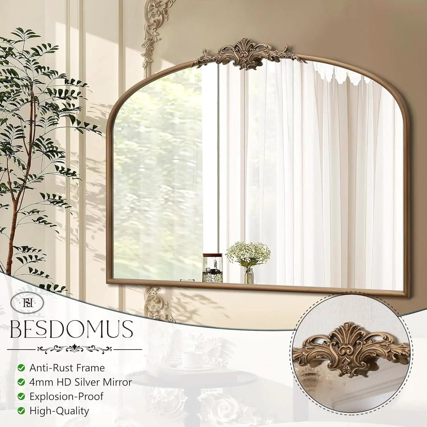 Arched Gold Wall Mirror 40x30 Inches Vintage Ornate from PriceLows™