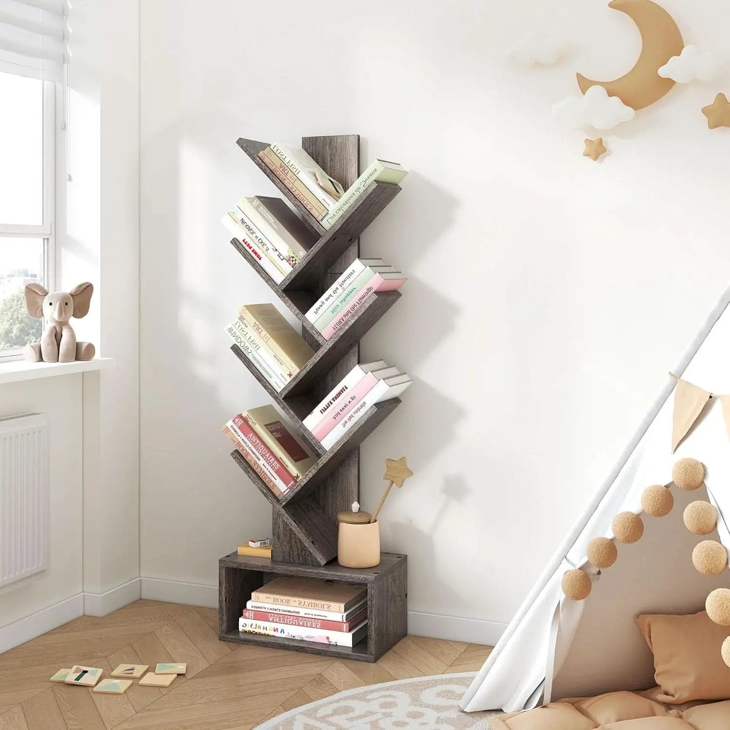 6 Tier Tree Bookshelf Bookcase With Drawer Grey Office from PriceLows™