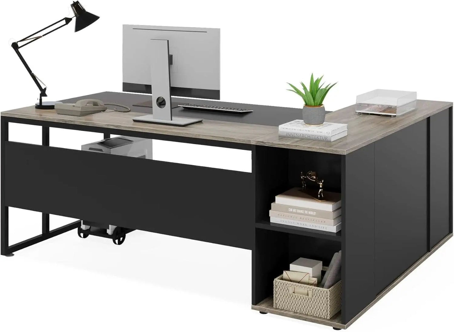 71 Inch Gray L Shaped Desk With Cabinet Storage For Home Office from PriceLows™