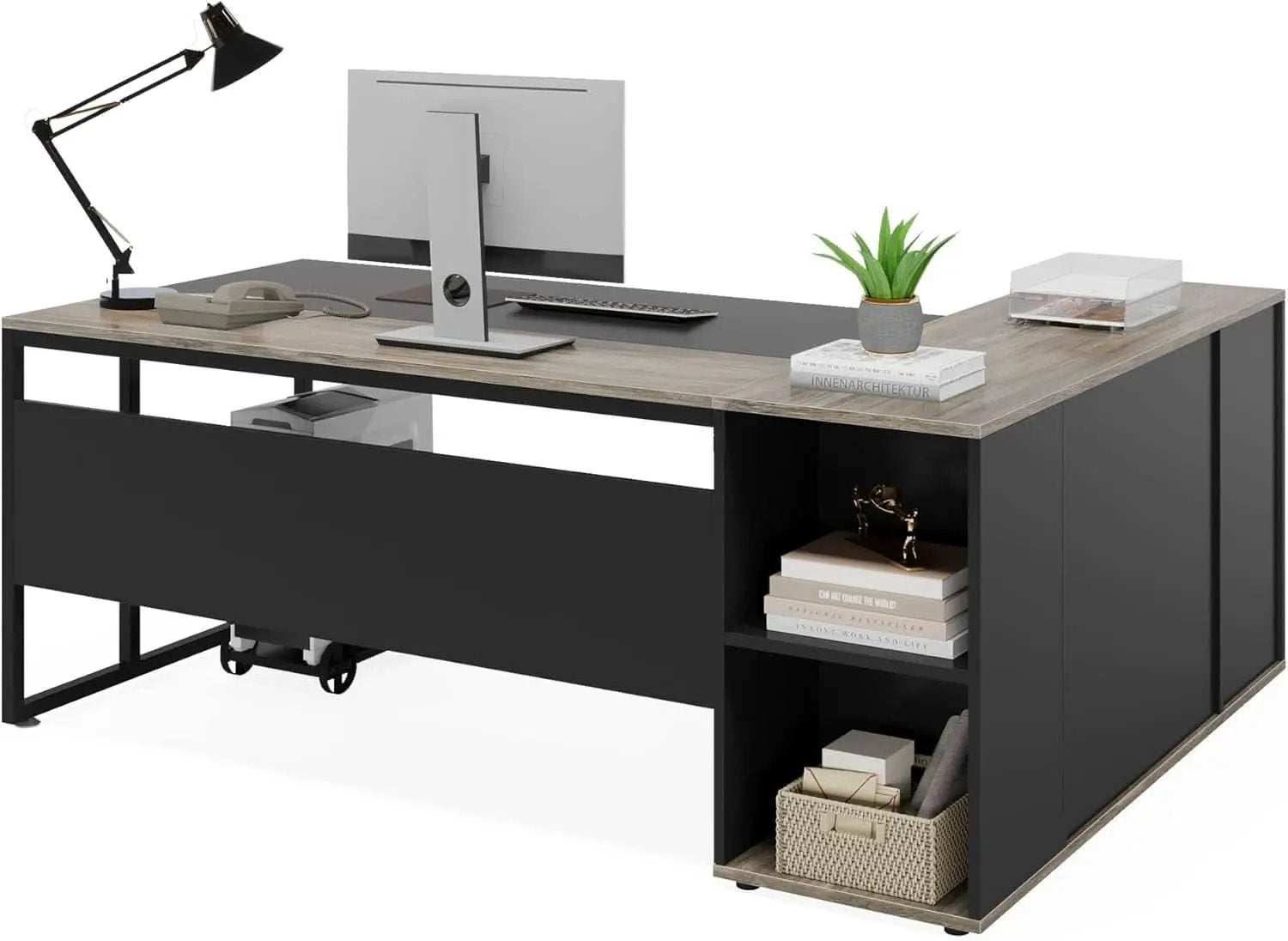 71 Inch Gray L Shaped Desk With Cabinet Storage For Home Office from PriceLows™