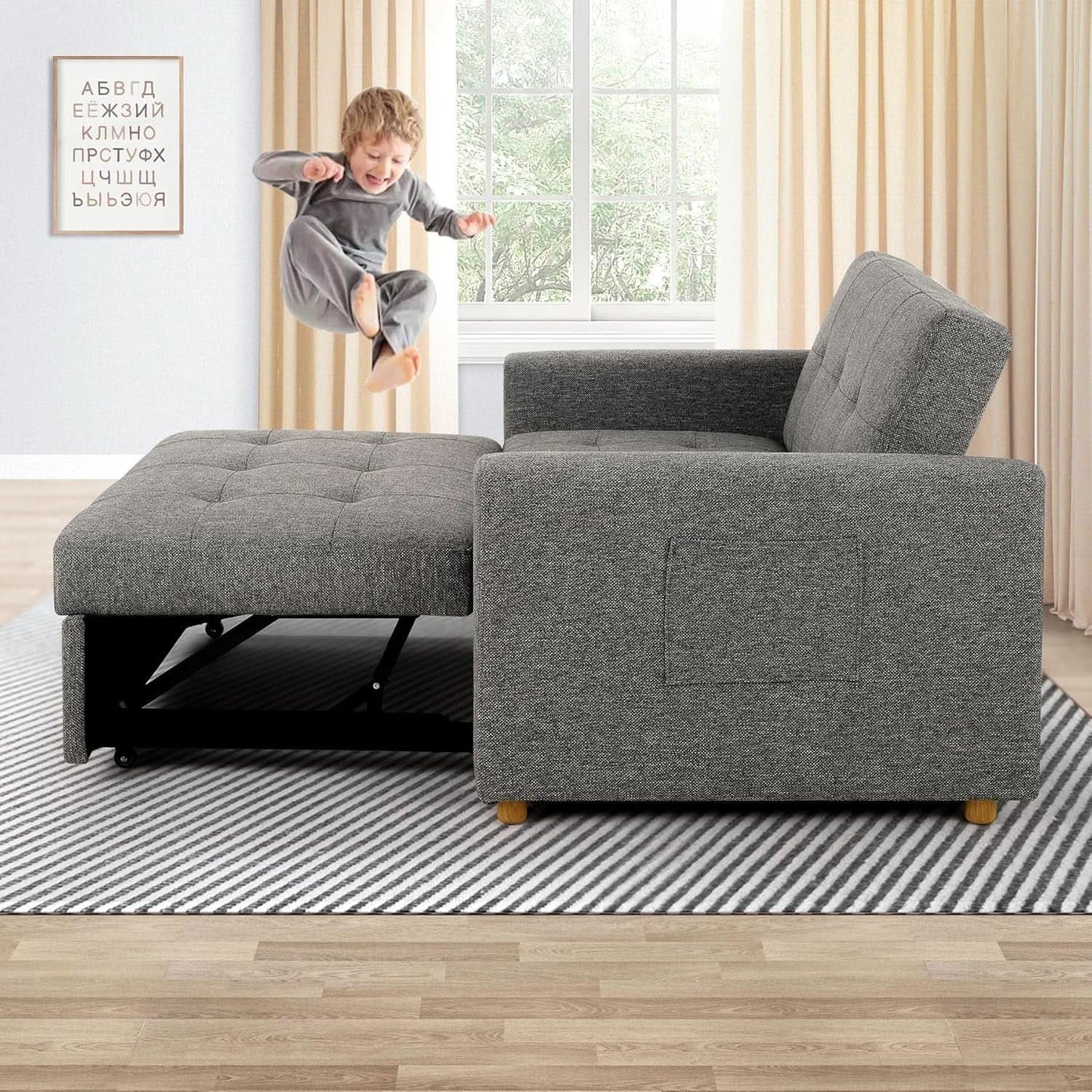 Sleeper Sofa Bed, 3-In-1 Convertible Sofa Chair, Linen Fabric Pull Out Couch Bed, Loveseat Sleeper with Spring Support, Adjustable Backrest, 2 Seater Recliner Chair for Small Space, Dark Grey from PriceLows™
