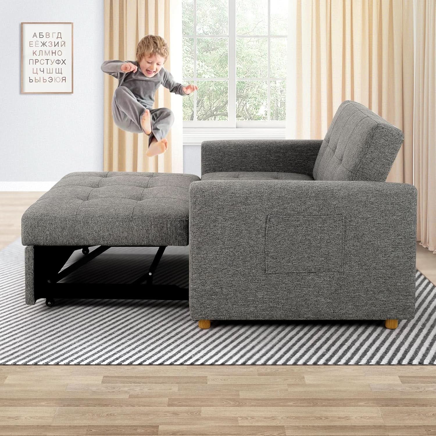 Sleeper Sofa Bed, 3-In-1 Convertible Sofa Chair, Linen Fabric Pull Out Couch Bed, Loveseat Sleeper with Spring Support, Adjustable Backrest, 2 Seater Recliner Chair for Small Space, Dark Grey from PriceLows™