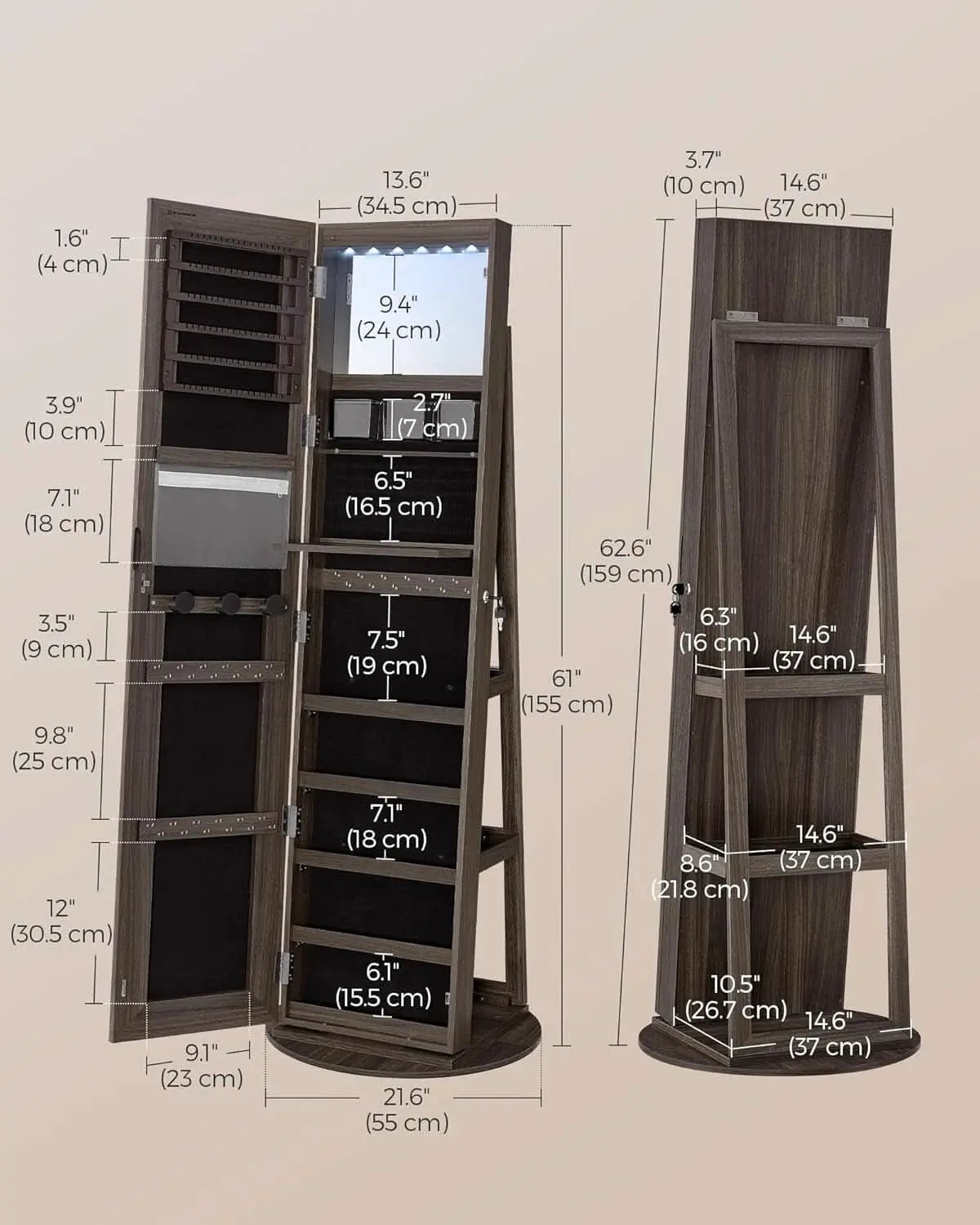 Ash Brown Lockable LED Full Length Mirror Jewelry Cabinet from PriceLows™