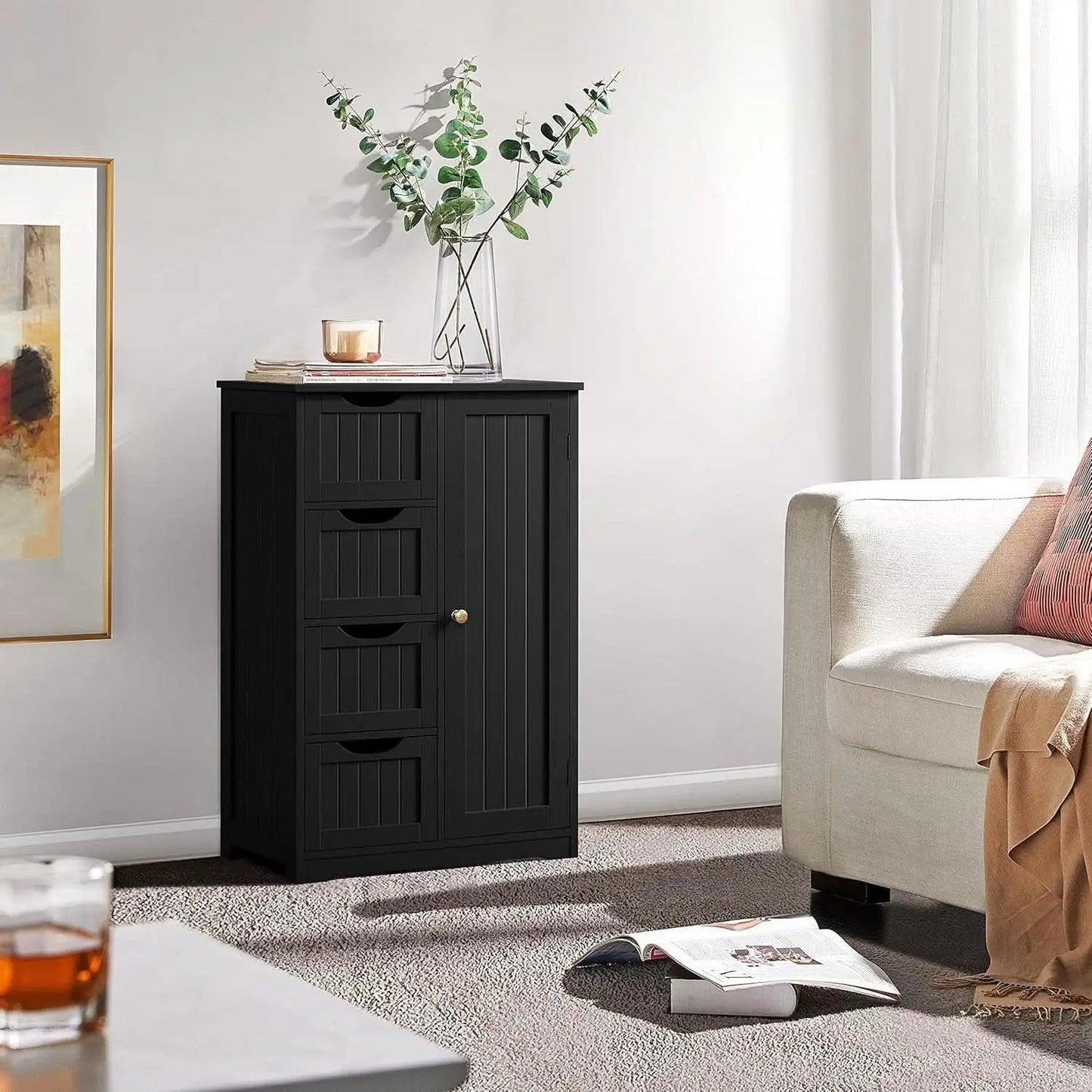 Wooden Bathroom Floor Storage Cabinet With 4 Drawers And Cupboard Freestanding from PriceLows™