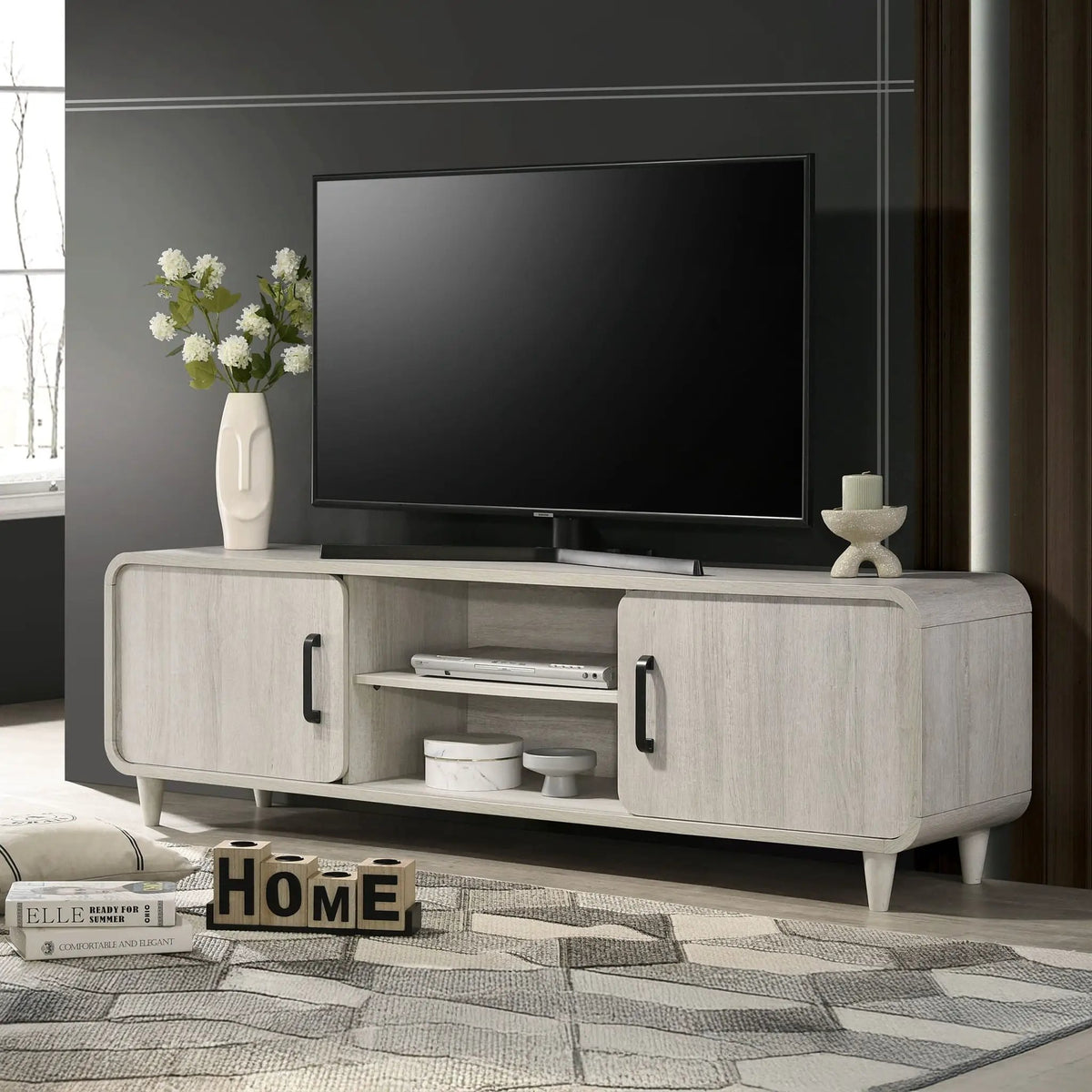 TV Stand With Sliding Doors | Mid-Century Modern | Antique White Finish | Open Shelves