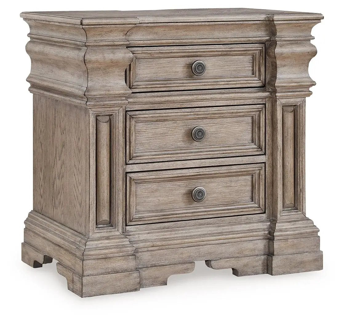 Blairhurst Three Drawer Nightstand | Charging | Light Grayish Brown | Lined Top Drawer