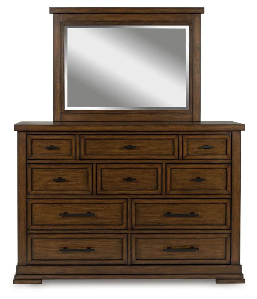 Taffenbrook Dresser And Mirror | Medium Brown | Lined Top Drawers | Bedroom Storage