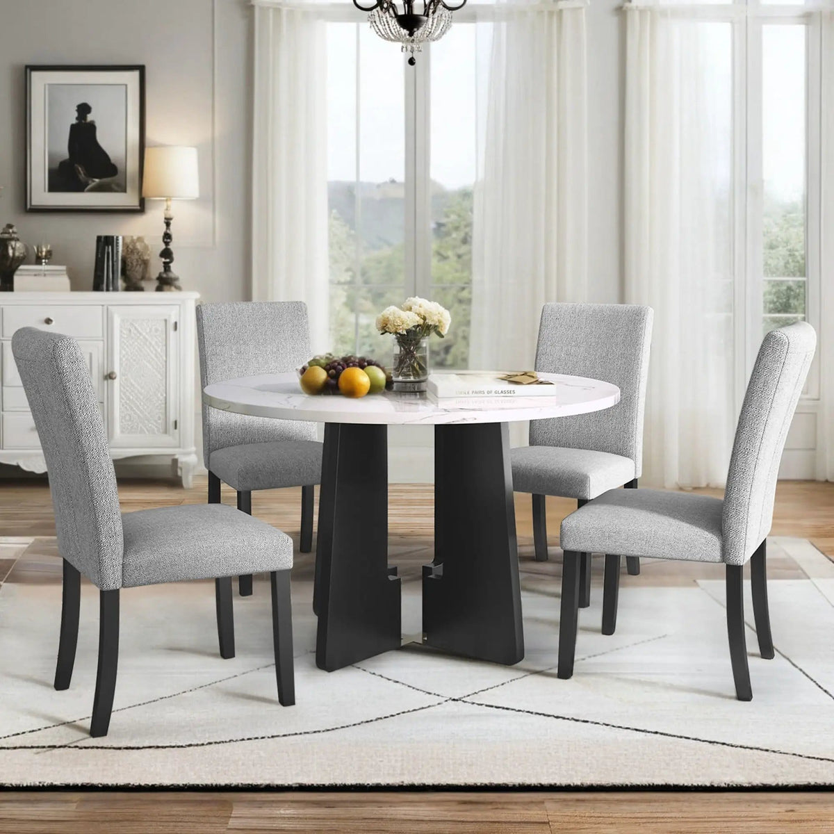 5 Piece Round Dining Table Set, Dining Table And 4 Upholstered Chairs For Dining | 5-Piece Set | Marble & Linen | Gray
