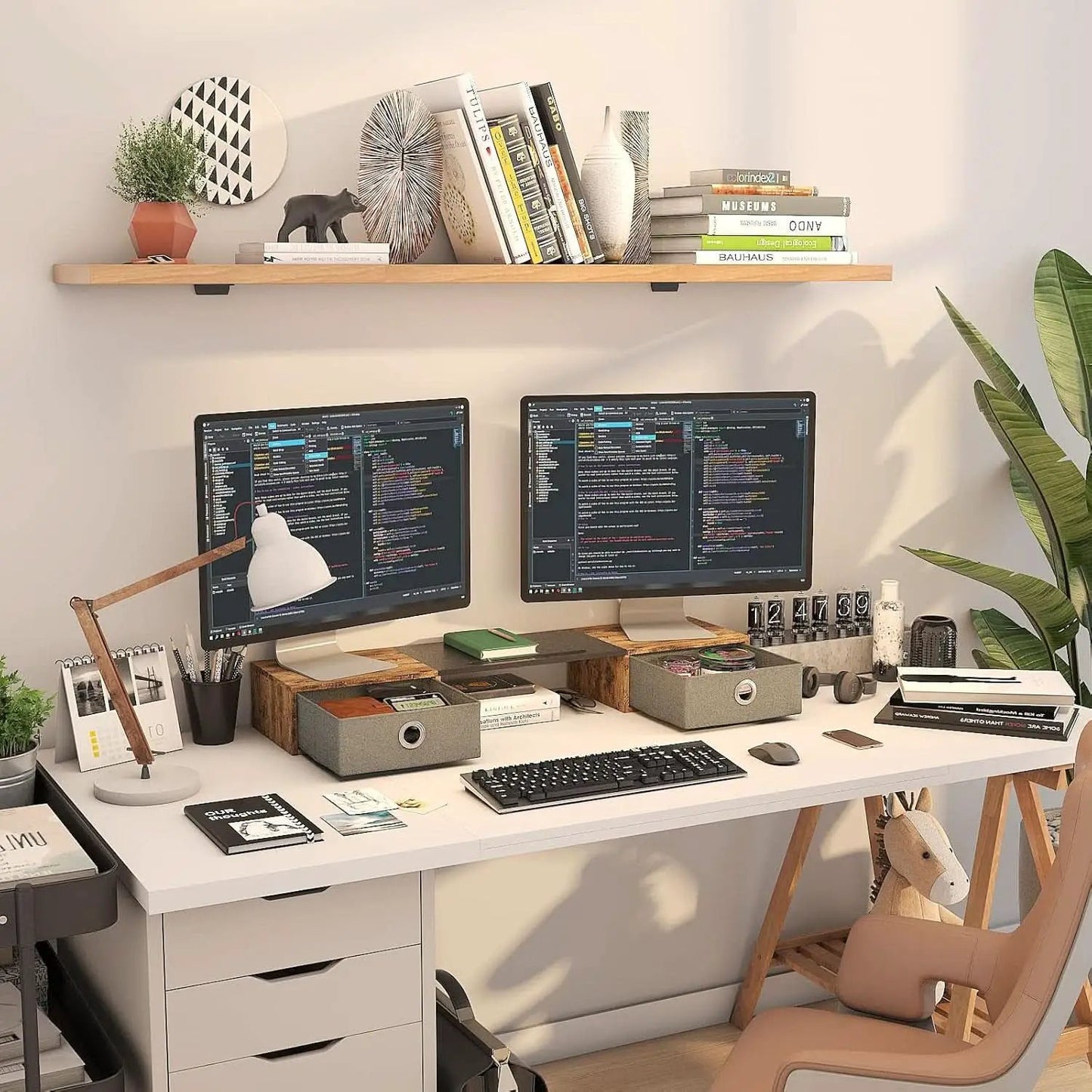 Dual Monitor Stand Riser For Two Monitors With Two Drawers from PriceLows™