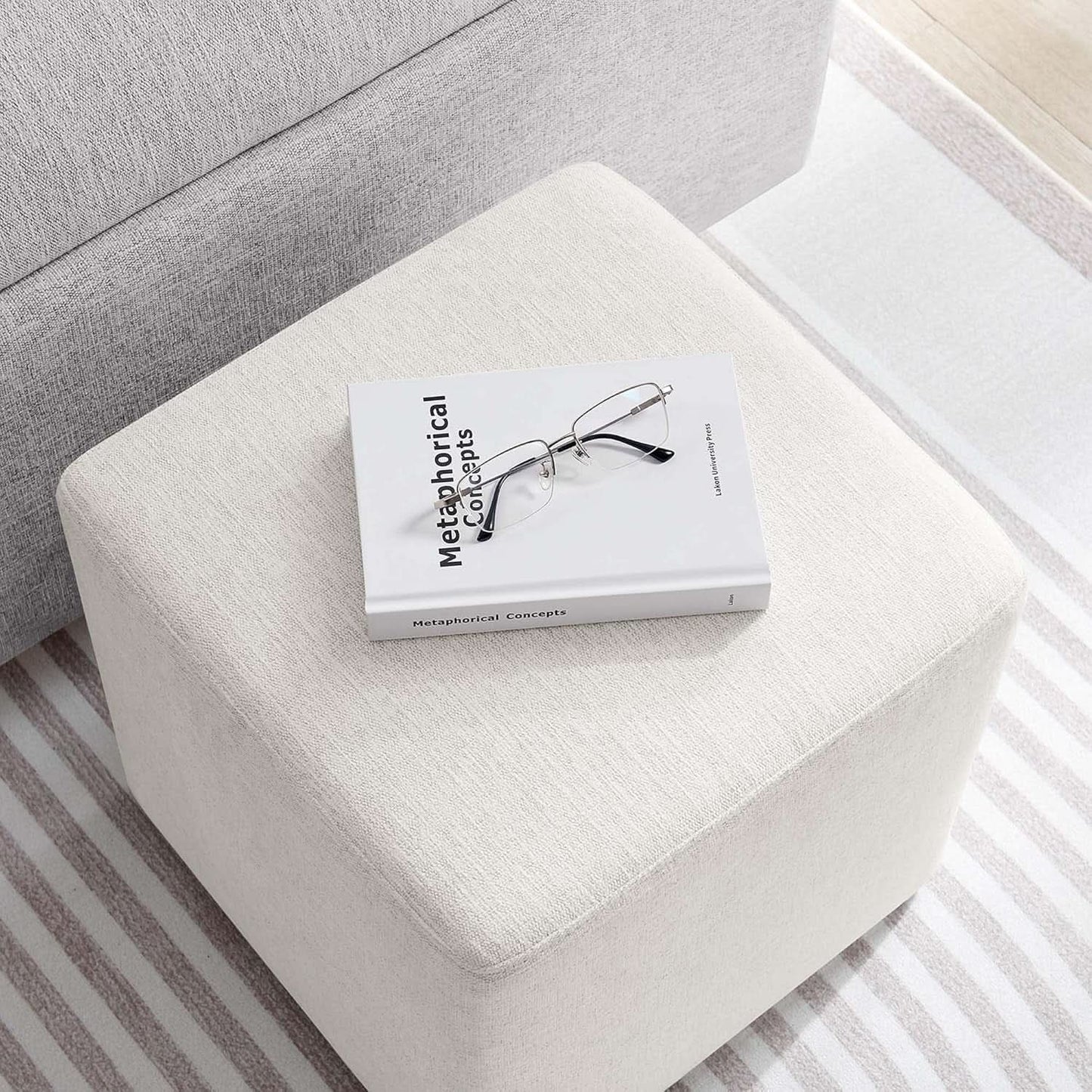Callum 17 Inch Ivory Square Hand crafted Textured Woven Ottoman from PriceLows™