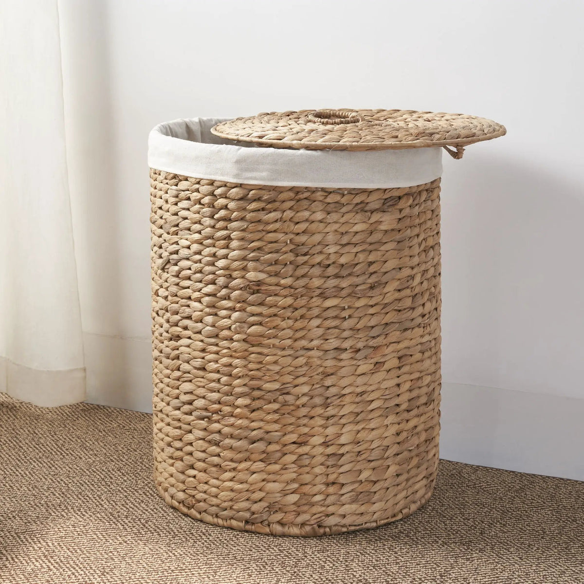 Round Laundry Hamper With Lid | Water Hyacinth Woven Wicker | Tall Storage Basket | 20 Inch Height