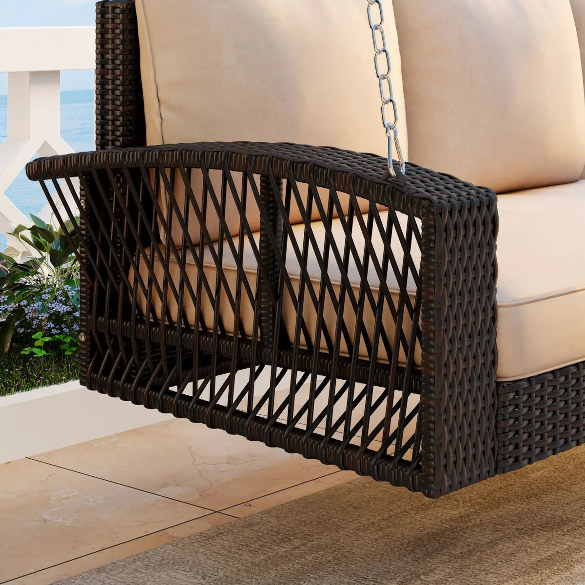 3 Person Patio Swing Bench | Hand-Woven PE Rattan | Cushions Included | Double-Strand Weave