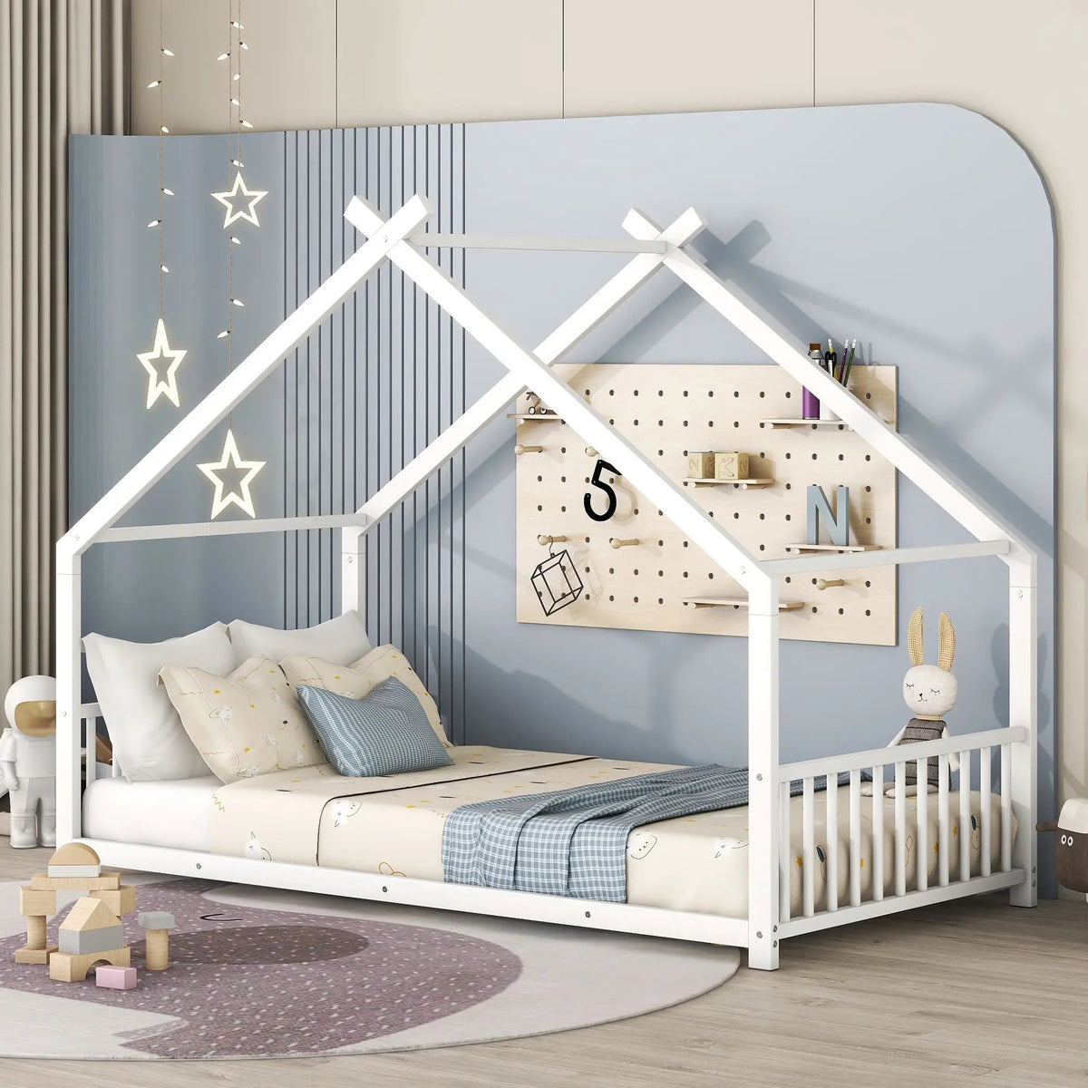 Metal House Bed | Roof Design | Semi-Enclosed Play Space | Contemporary Neutral Finish
