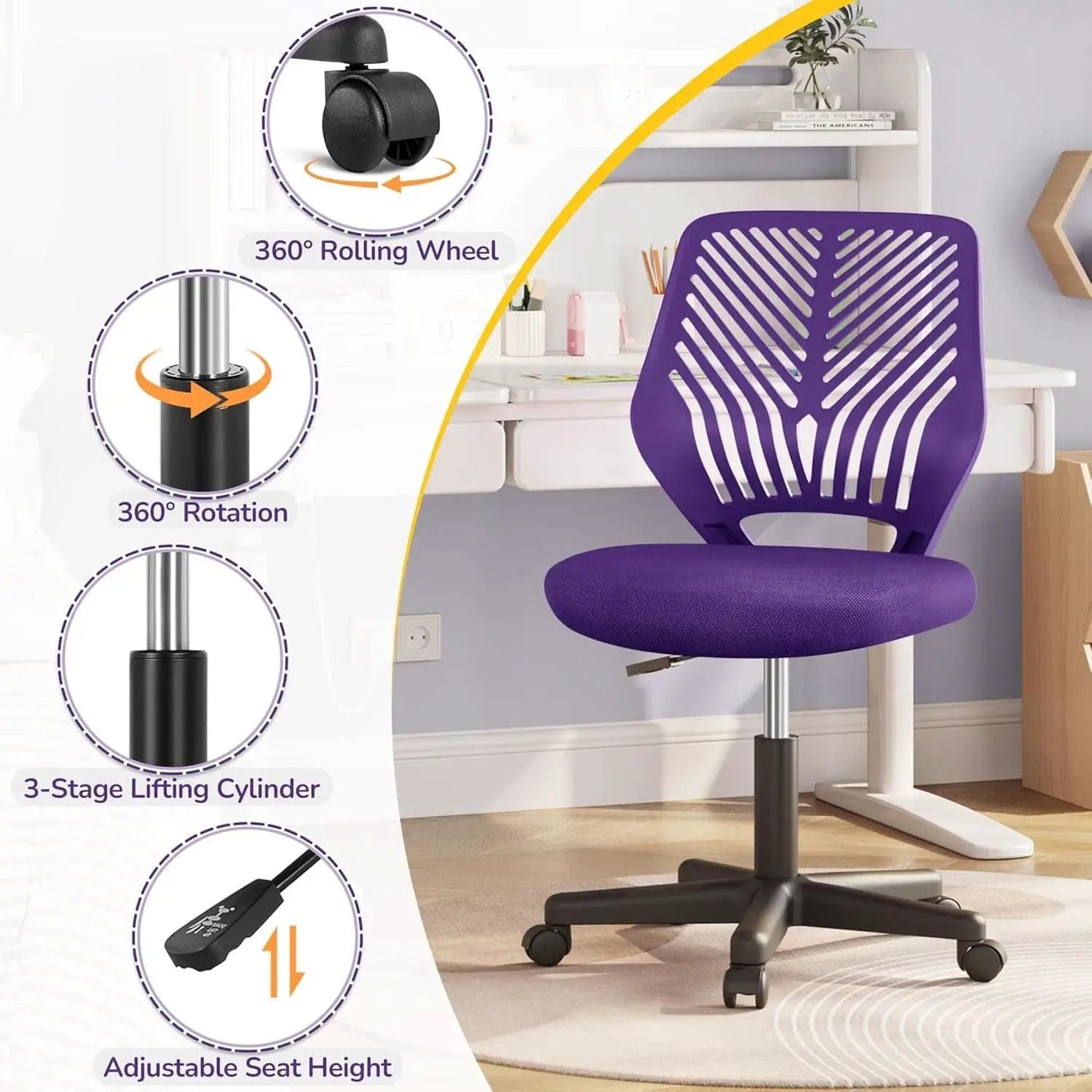 Purple Adjustable Desk Chair With Lumbar Support Swivel from PriceLows™