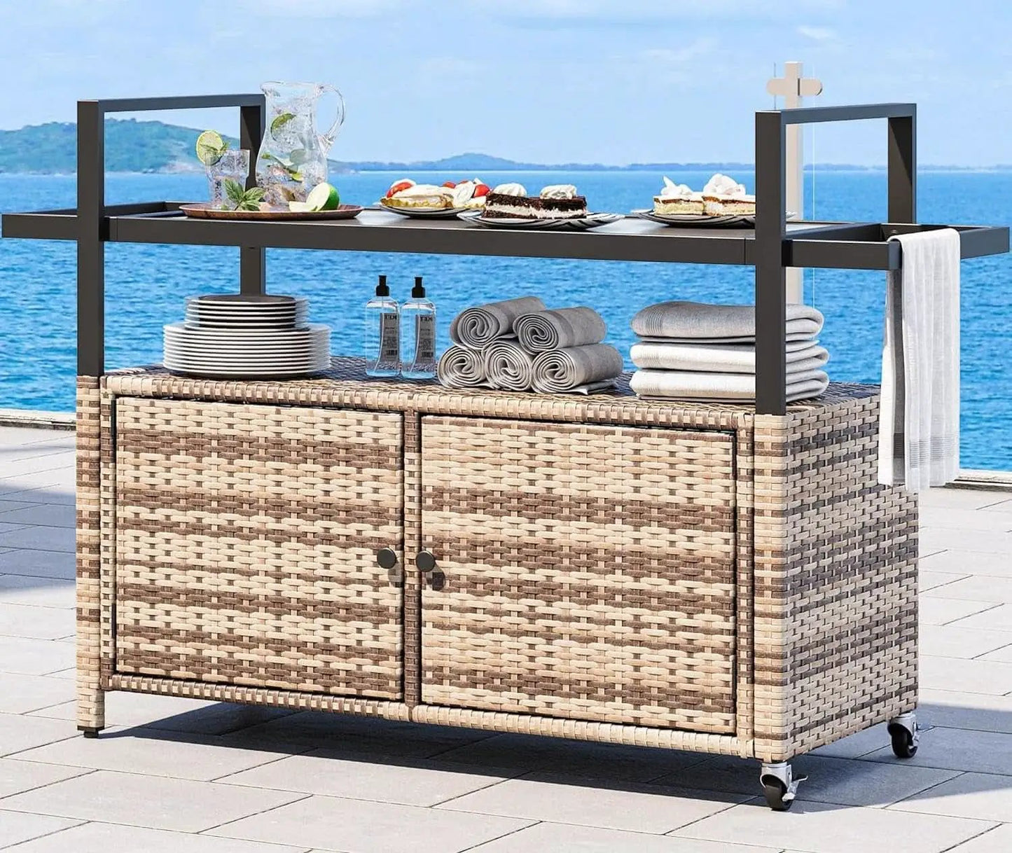 Large Outdoor Kitchen Rolling Cart With Black Glass Top from PriceLows™