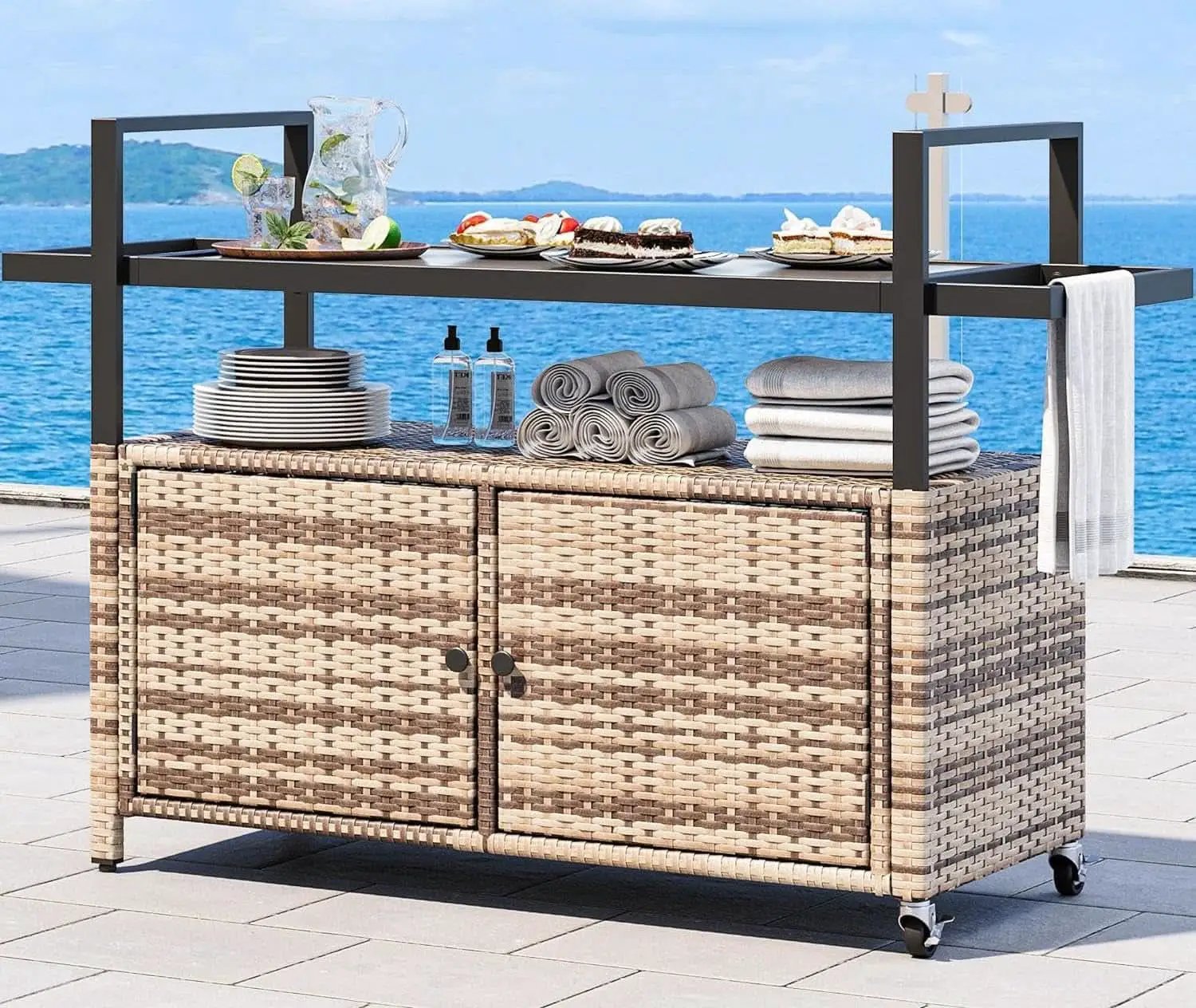 Large Outdoor Kitchen Rolling Cart With Black Glass Top from PriceLows™